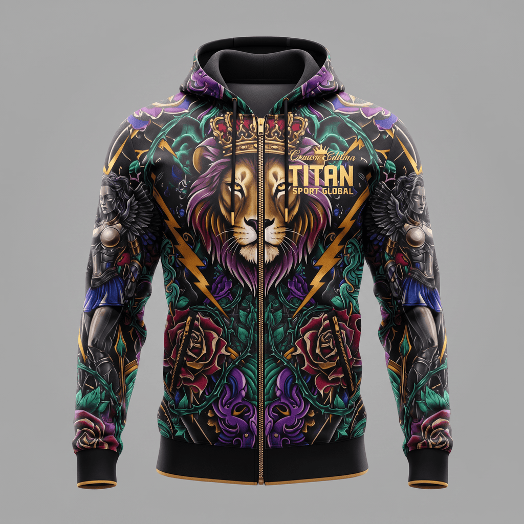 Black zip hoodie with a crowned lion, Titan Sport Global text, roses, and winged figures in purple and gold.