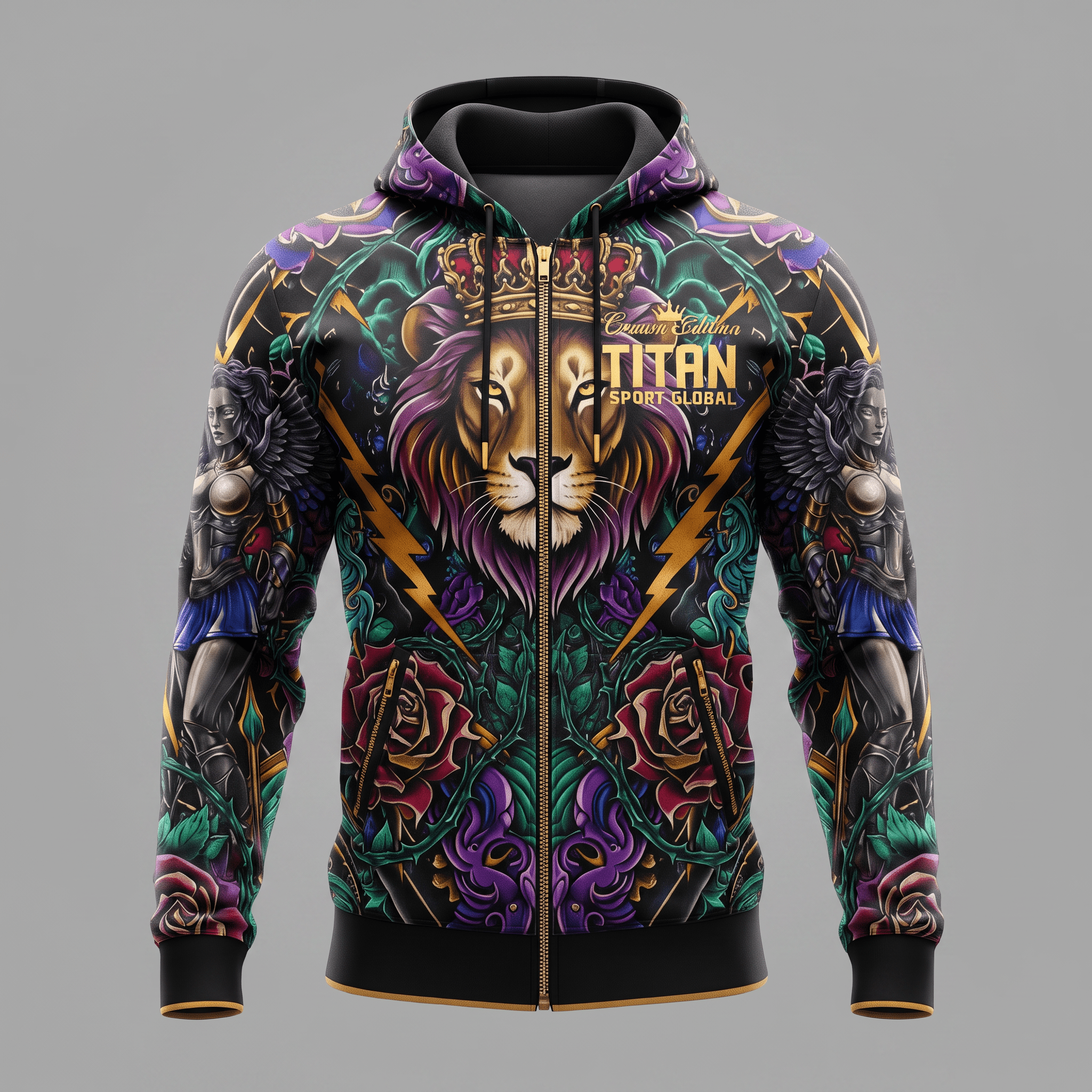 Black zip hoodie with a crowned lion, Titan Sport Global text, roses, and winged figures in purple and gold.