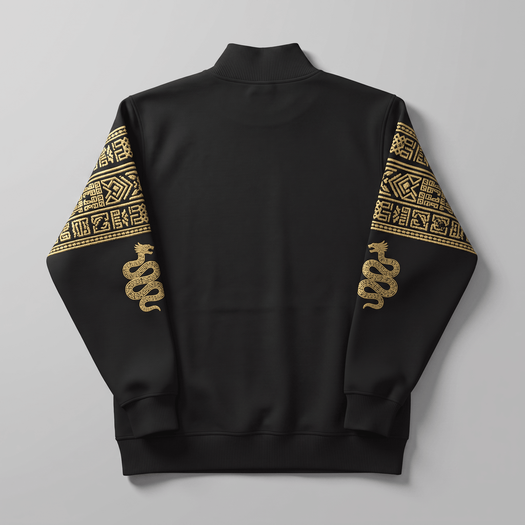 Back view of a black track jacket featuring gold geometric patterns and coiled dragon embroidery on the sleeves.