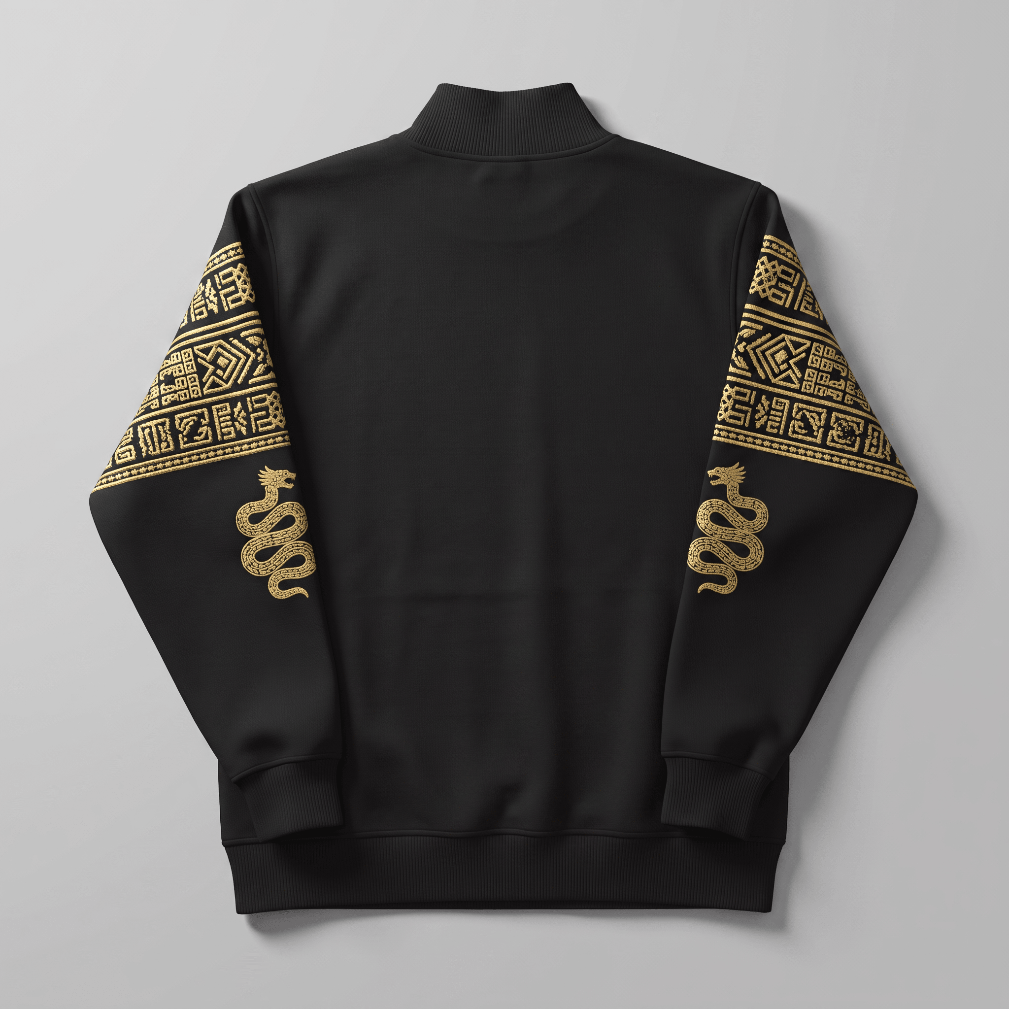 Back view of a black track jacket featuring gold geometric patterns and coiled dragon embroidery on the sleeves.