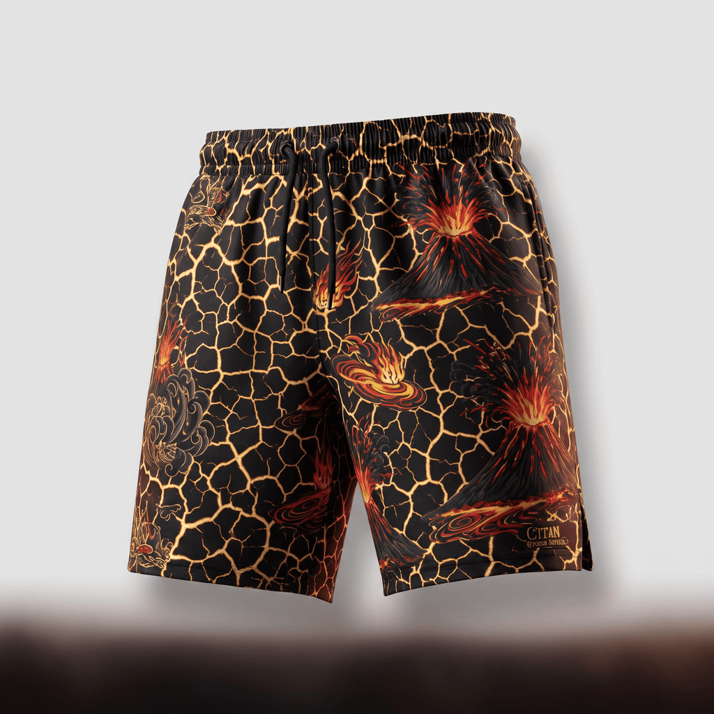 Black athletic shorts with an erupting volcano and glowing lava pattern, featuring a drawstring waistband.
