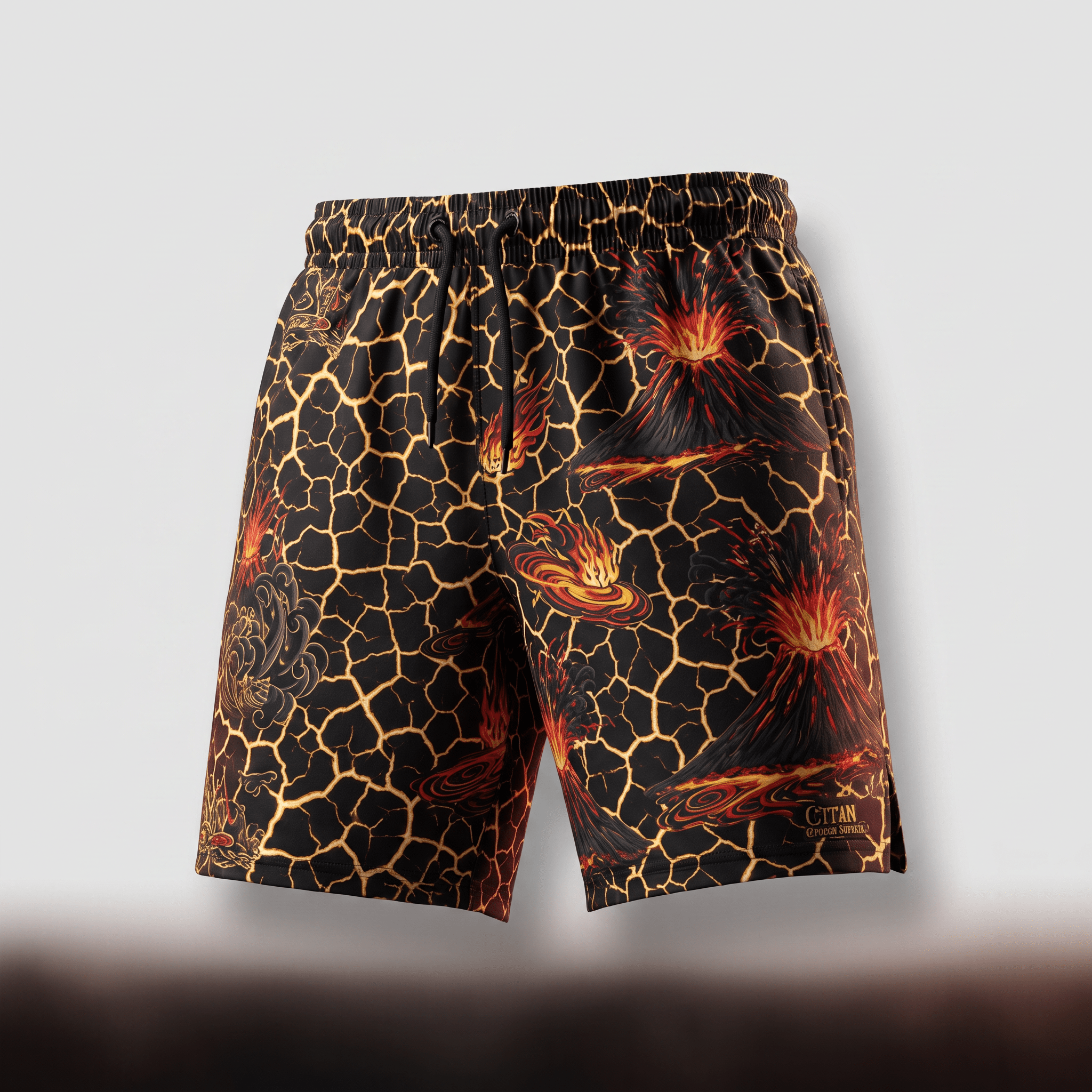 Black athletic shorts with an erupting volcano and glowing lava pattern, featuring a drawstring waistband.
