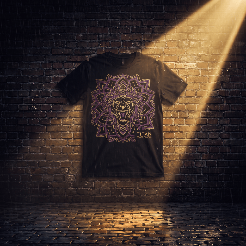 Black t-shirt featuring a purple and gold geometric lion mandala design with "TITAN SPORT GLOBAL" text.