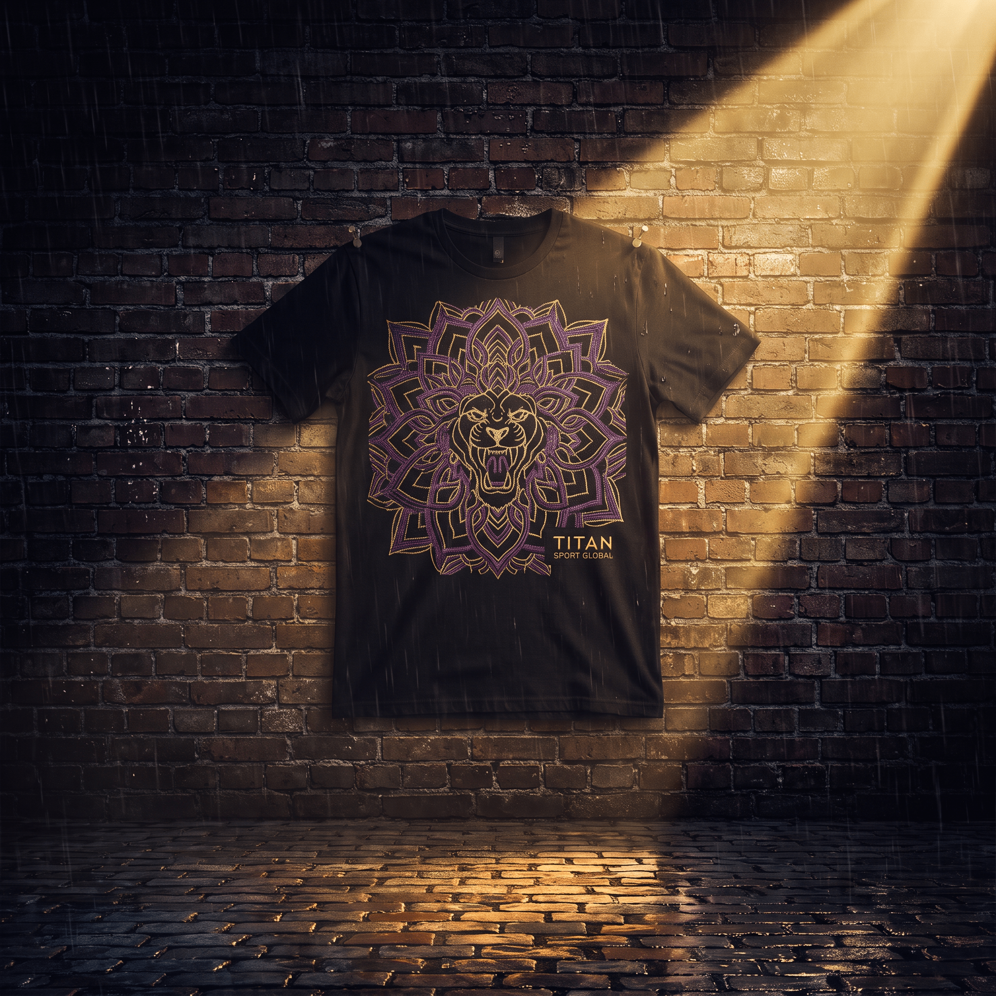 Black t-shirt featuring a purple and gold geometric lion mandala design with "TITAN SPORT GLOBAL" text.