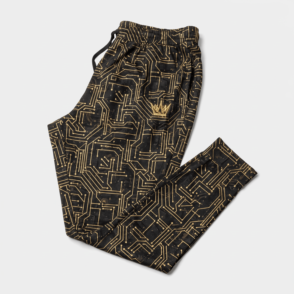 Black lounge joggers with gold circuit board pattern and embroidered crown logo on plain background.
