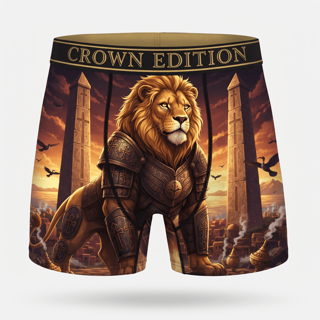 Crown Edition boxer briefs featuring an armored lion graphic against an ancient city and sunset background.
