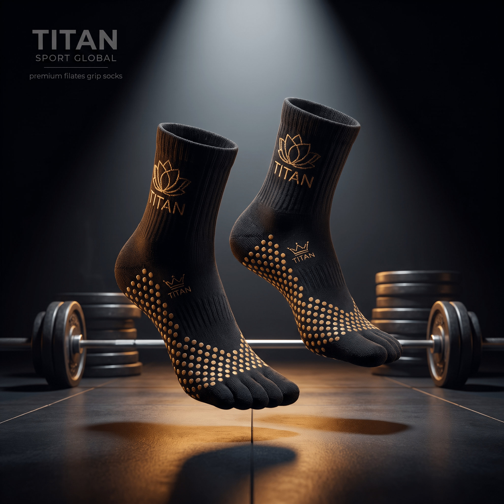 Black Titan pilates grip socks with gold lotus logos and gold dotted grip soles in a gym setting.