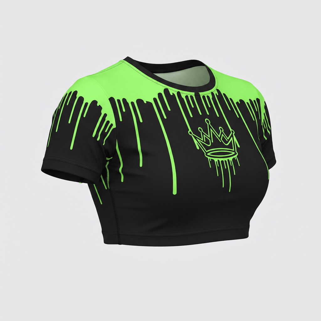 Black and neon green crop top with a dripping slime pattern and a crown graphic on the front.