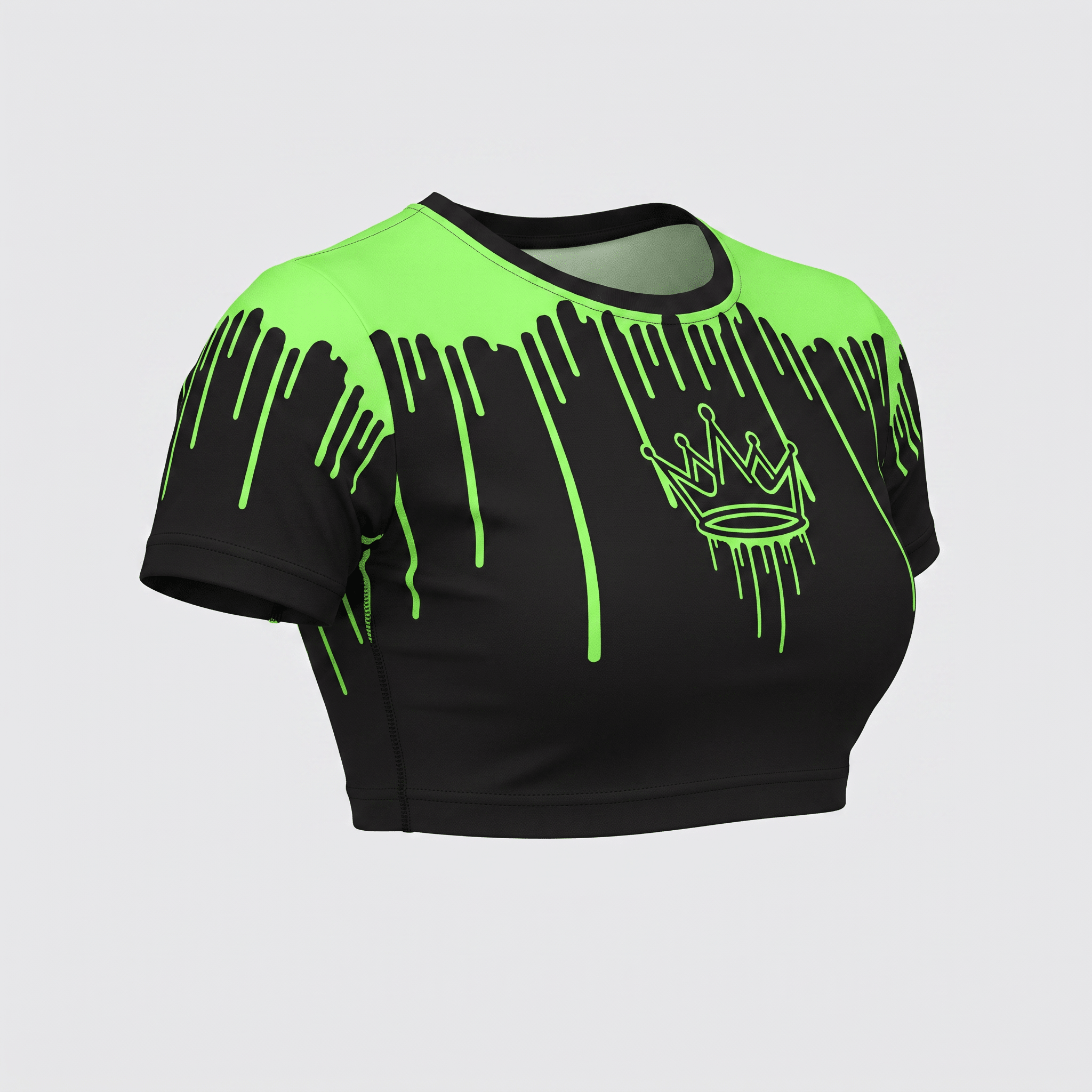 Black and neon green crop top with a dripping slime pattern and a crown graphic on the front.