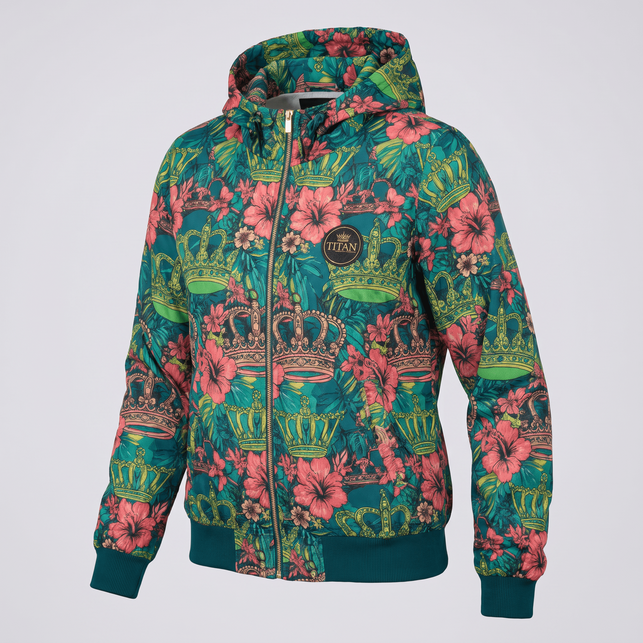 Green hooded jacket with floral and crown print, zip-up style, and Titan chest logo.
