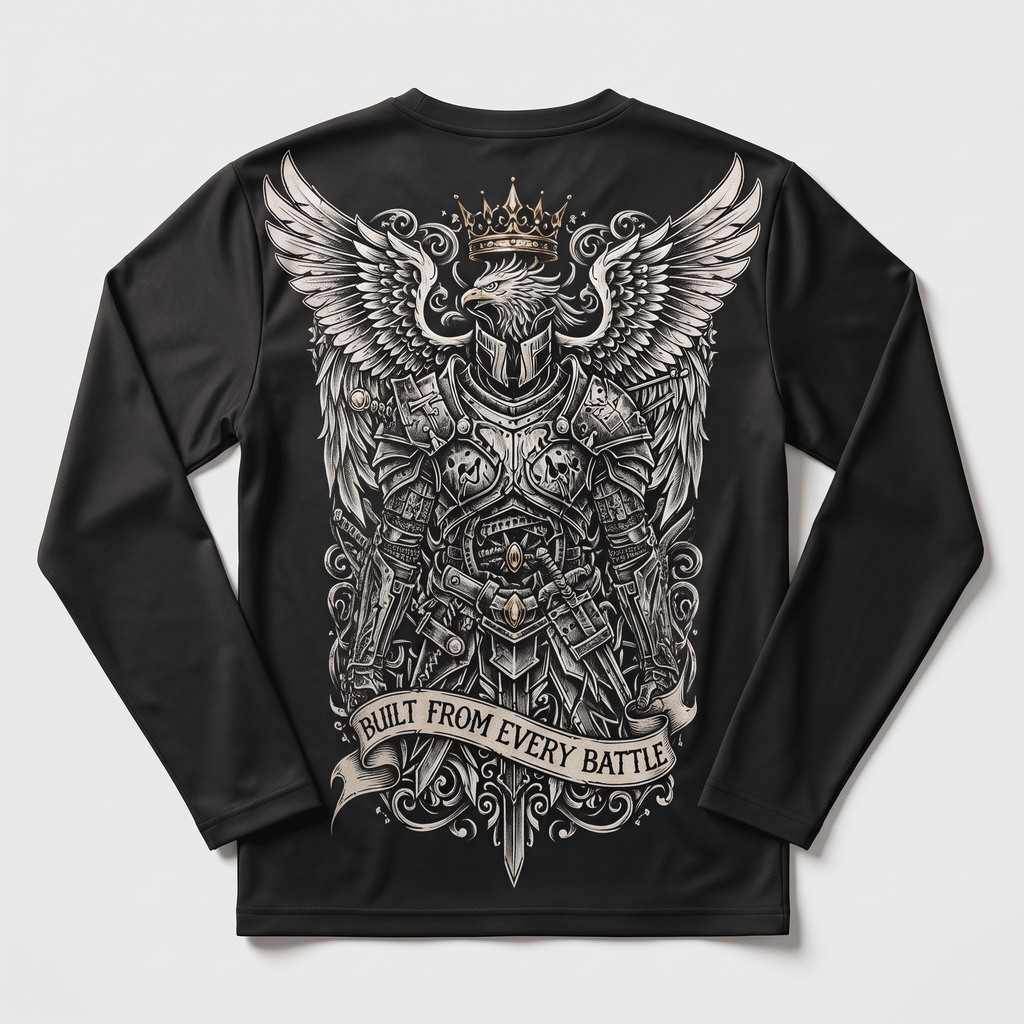 Black long-sleeve shirt featuring a winged knight graphic with a crown and built from every battle text.