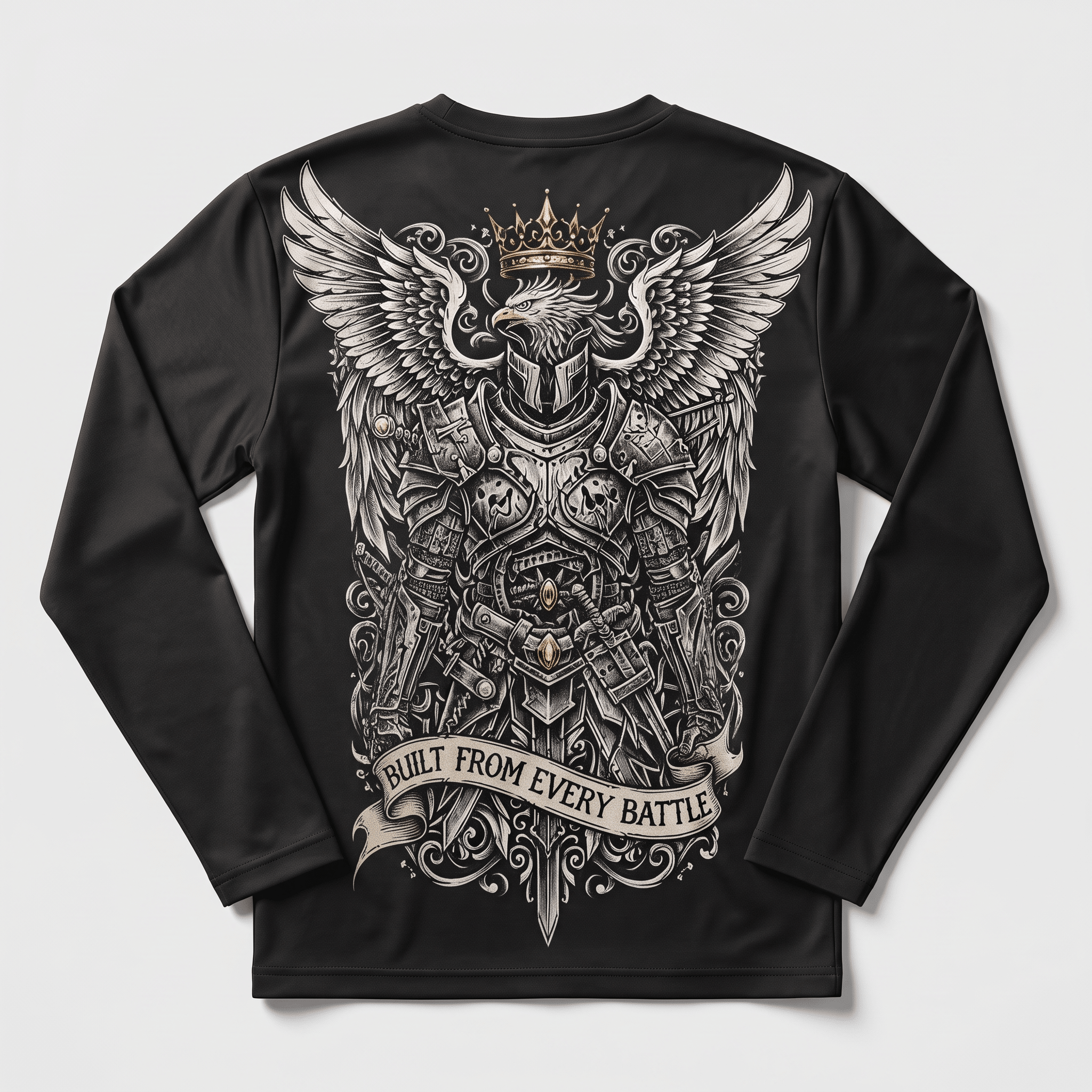 Black long-sleeve shirt featuring a winged knight graphic with a crown and built from every battle text.