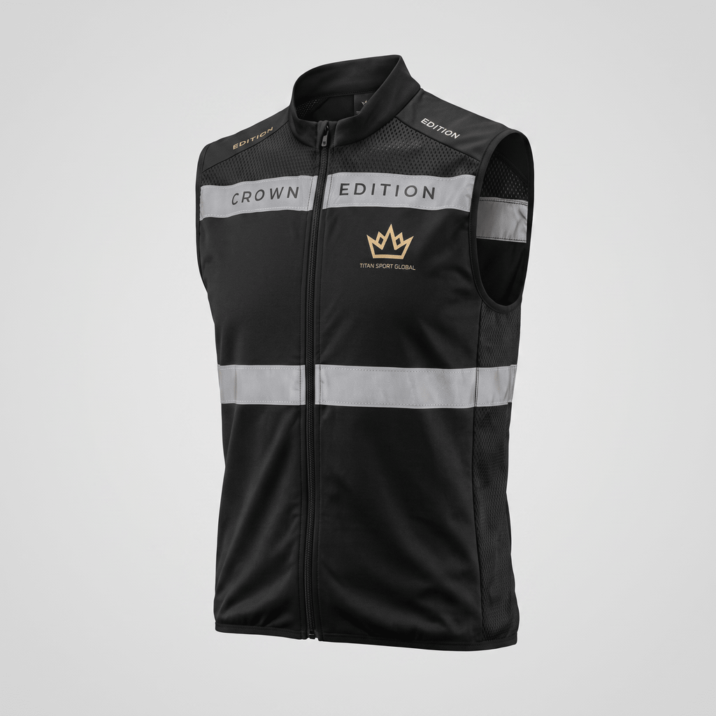 Black Crown Edition cycling vest with reflective stripes, gold branding, and mesh side panels.