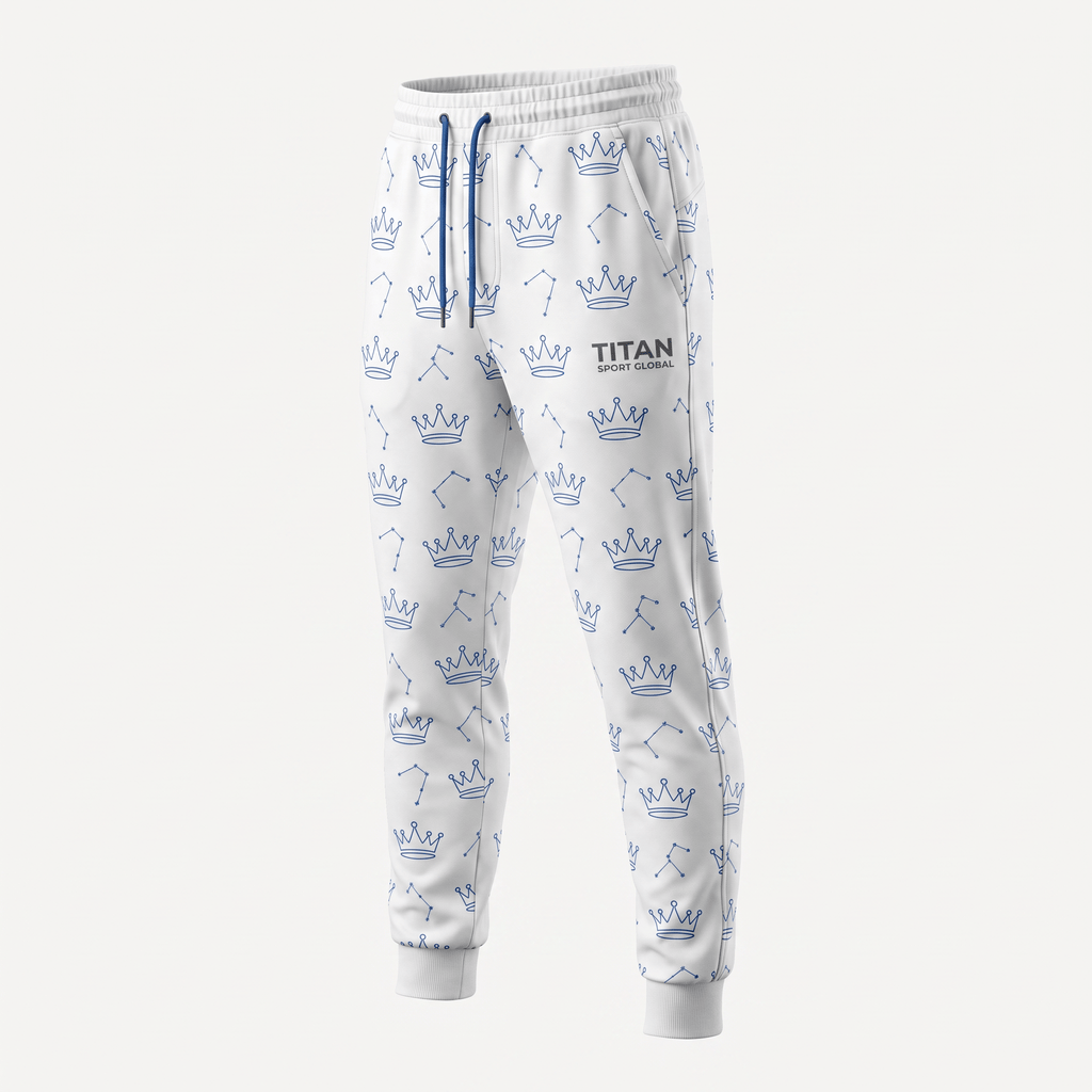 White sweatpants with blue crown and constellation print, drawstring waist, and Titan Sport Global logo.