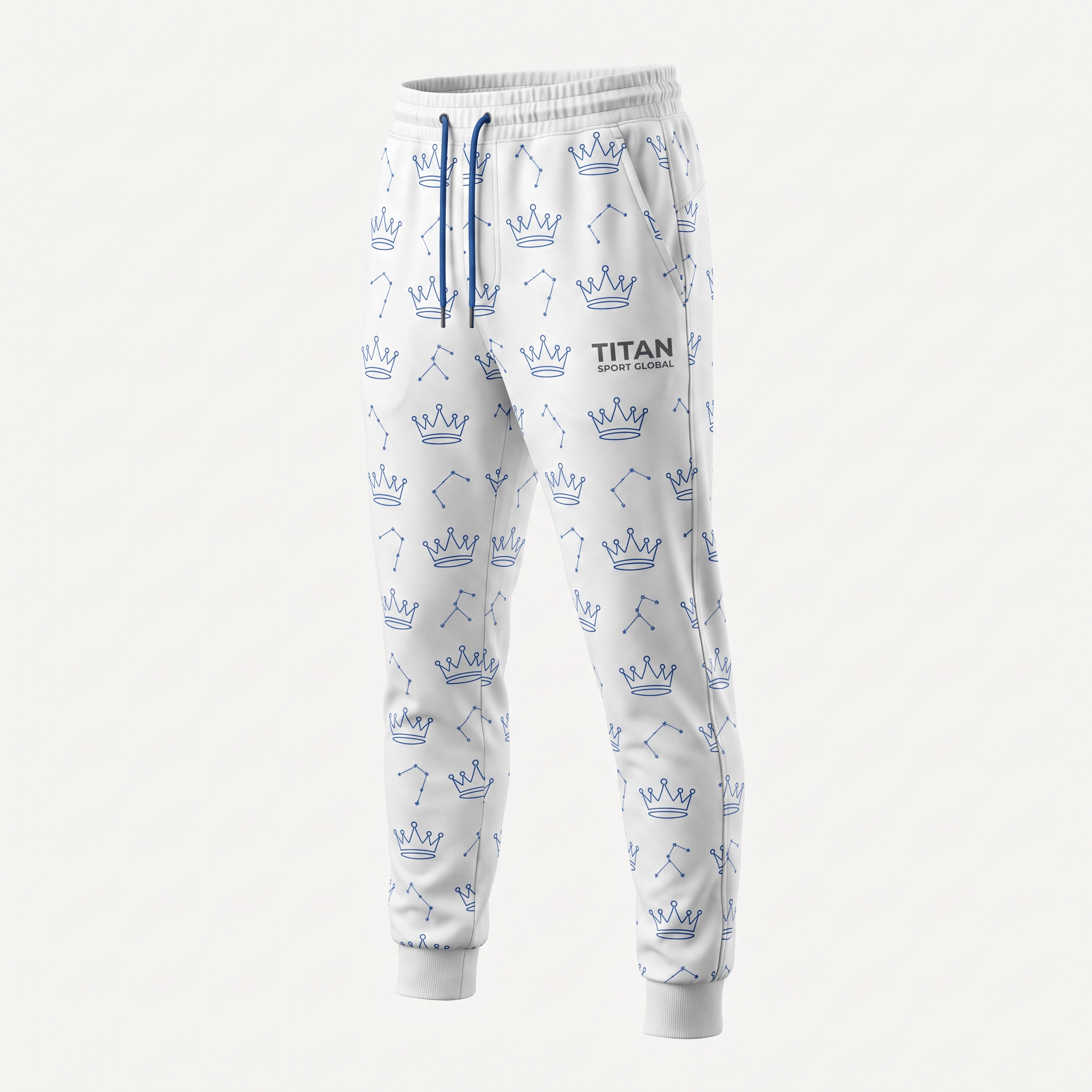 White sweatpants with blue crown and constellation print, drawstring waist, and Titan Sport Global logo.