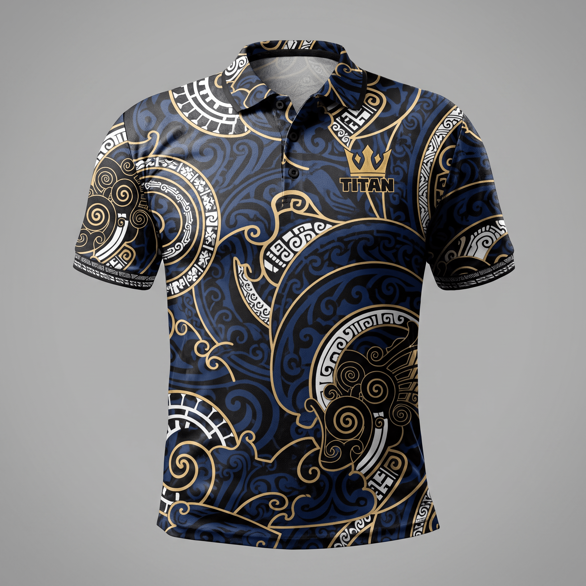 Blue polo shirt featuring intricate tribal patterns in gold and white with a Titan crown logo on the chest.