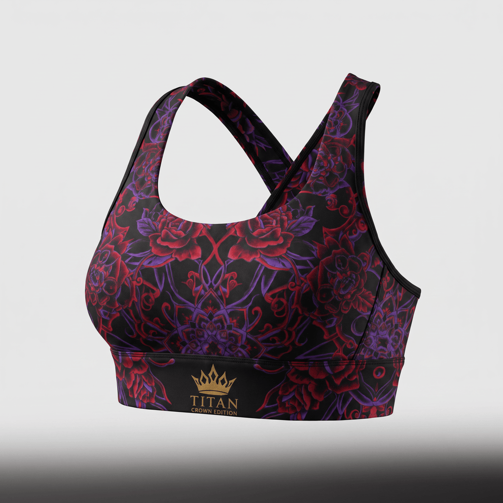 Titan Crown Edition sports bra in black with a red and purple rose and mandala print.