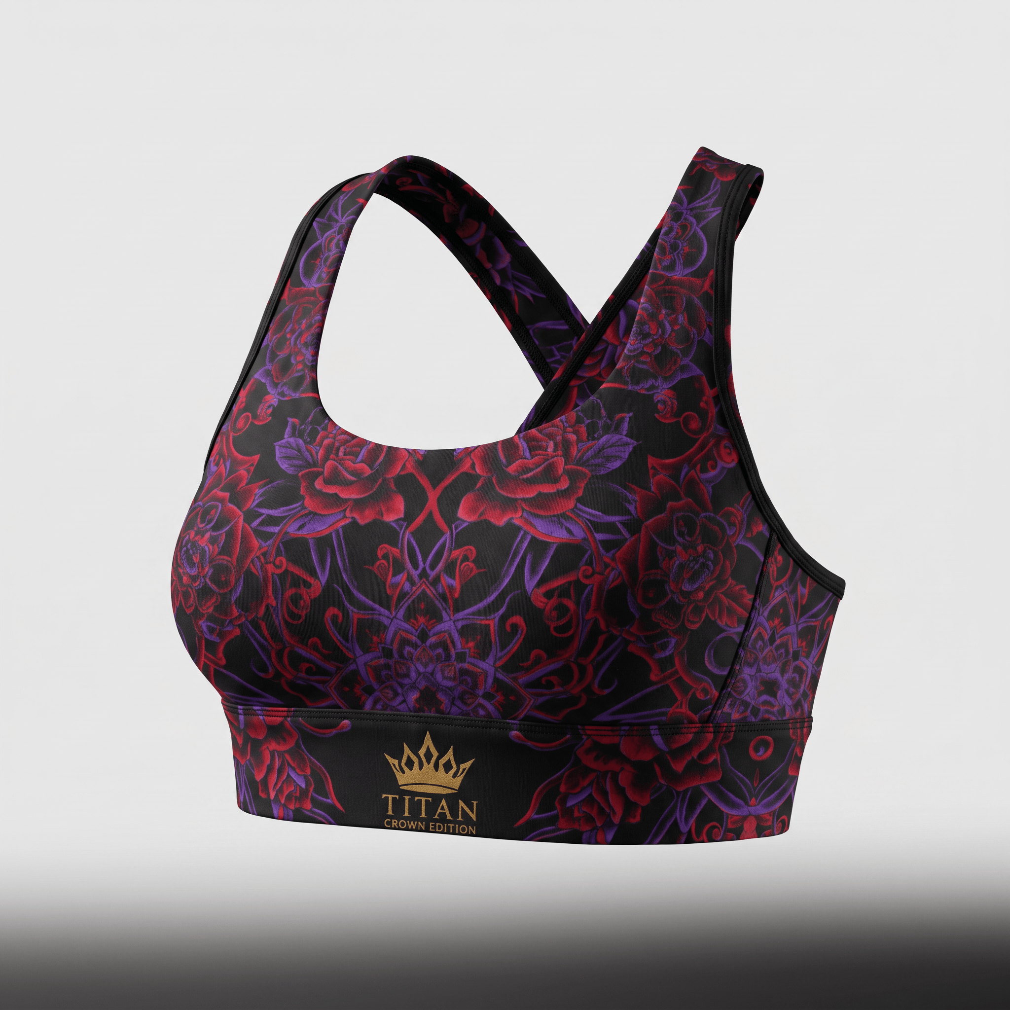 Titan Crown Edition sports bra in black with a red and purple rose and mandala print.