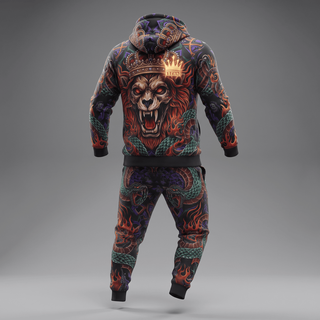 Back view of a black hoodie and sweatpants tracksuit featuring a roaring crowned lion and snake graphic.
