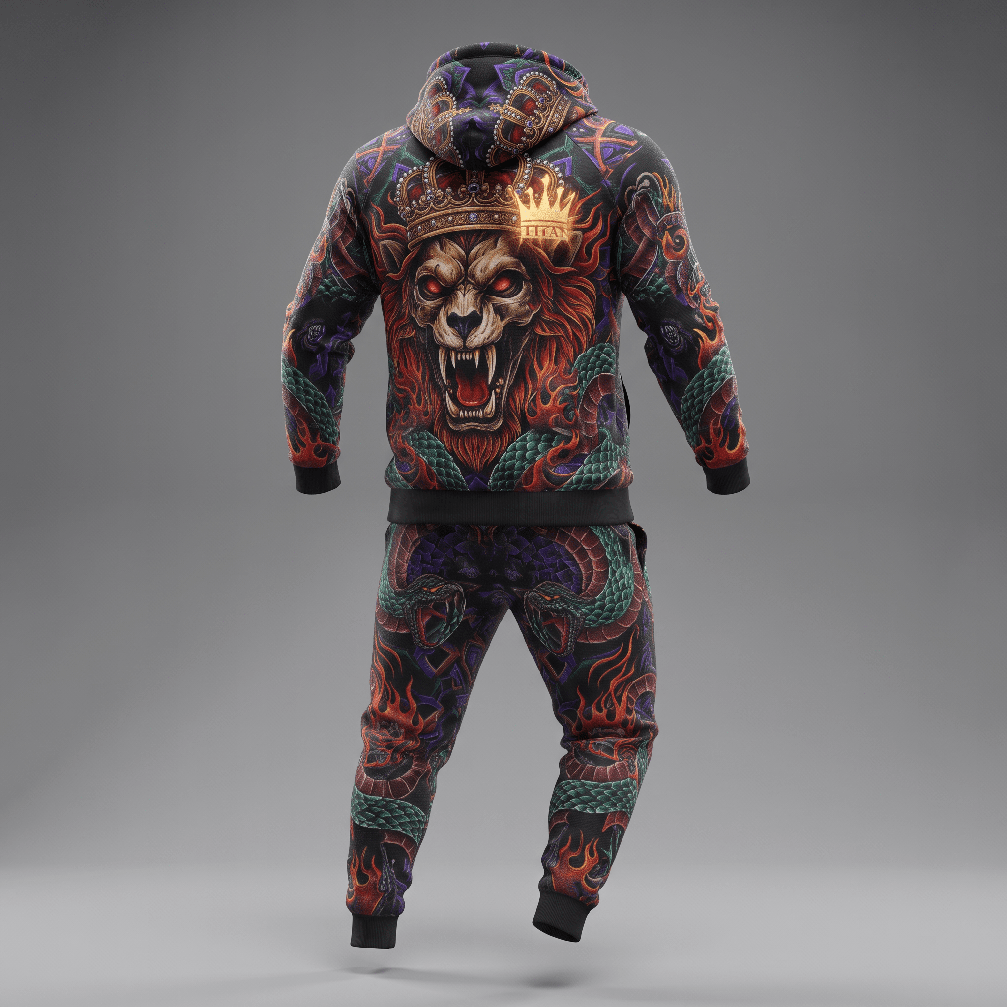 Back view of a black hoodie and sweatpants tracksuit featuring a roaring crowned lion and snake graphic.