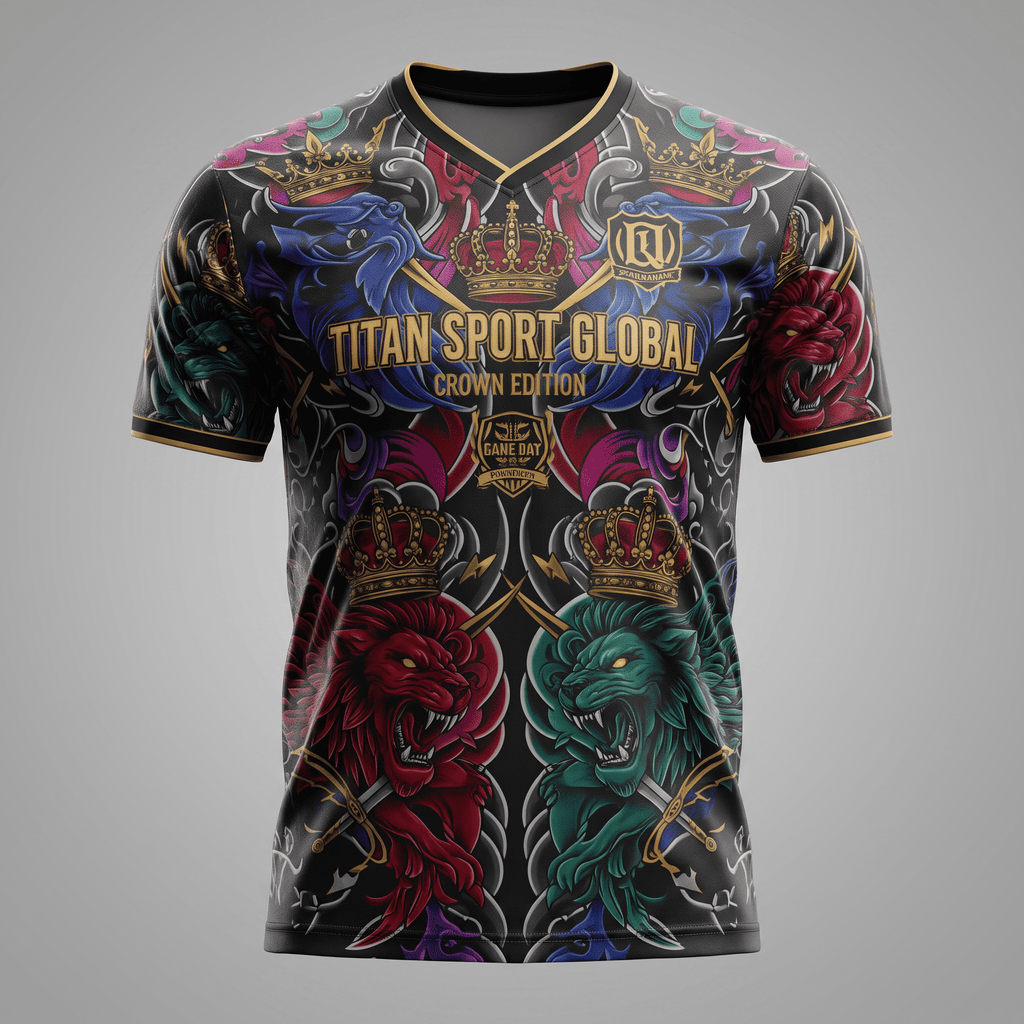 Black athletic v-neck jersey with colorful lion, crown, and sword graphics and Titan Sport Global text.