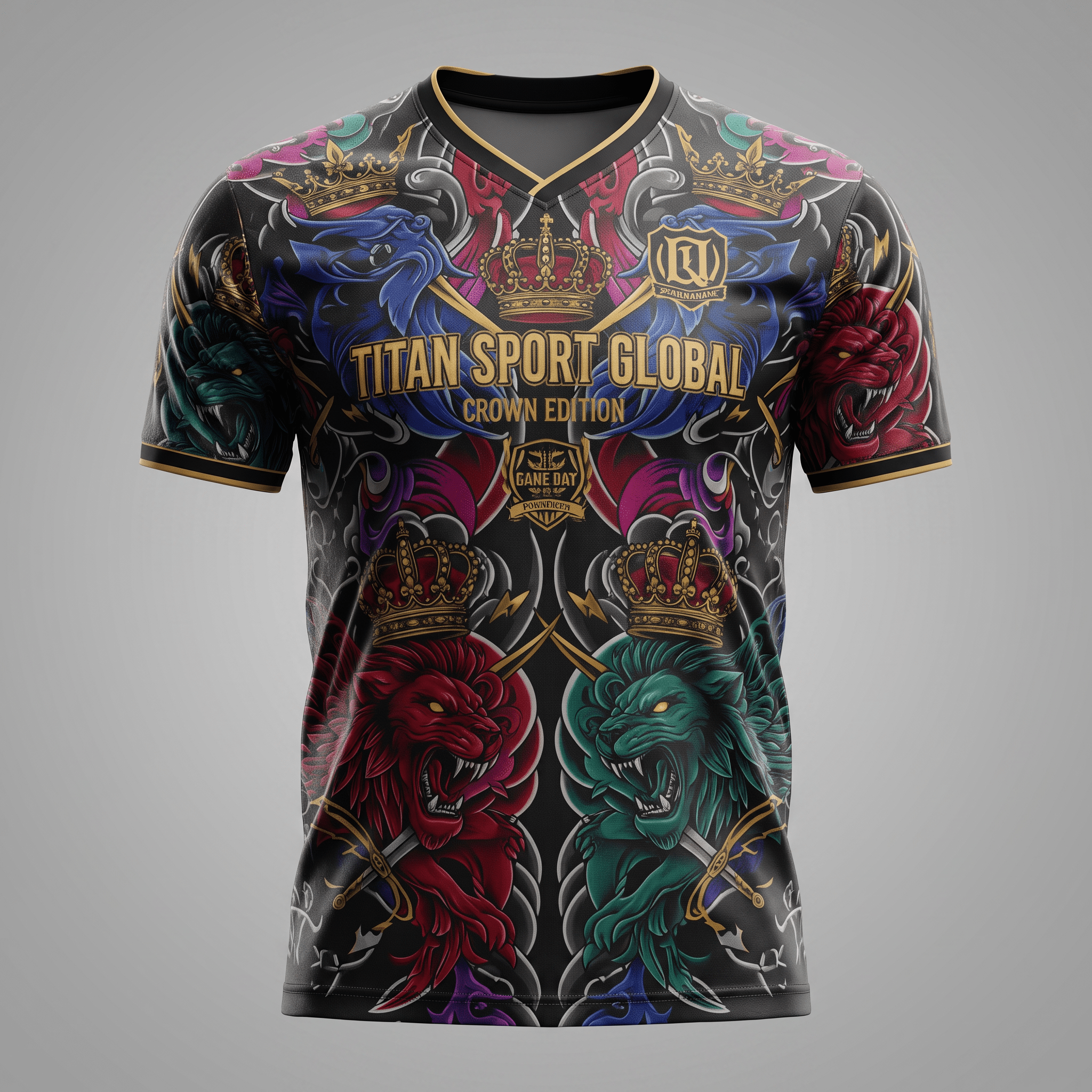 Black athletic v-neck jersey with colorful lion, crown, and sword graphics and Titan Sport Global text.
