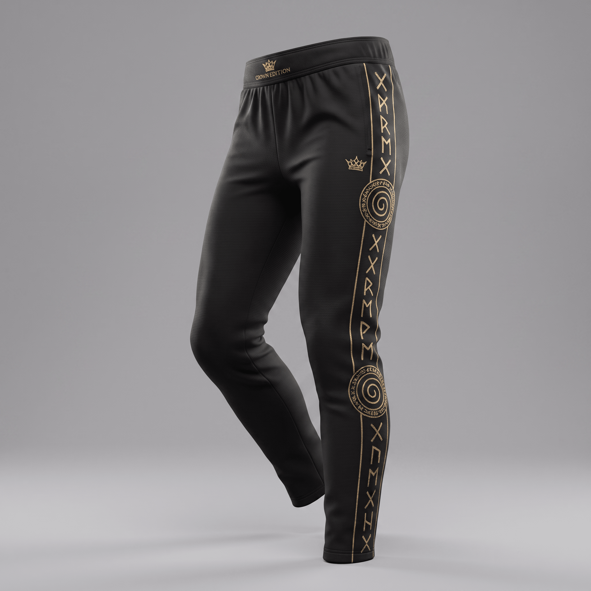 Black athletic sweatpants with gold rune symbols and crown print down the left leg on a grey background.