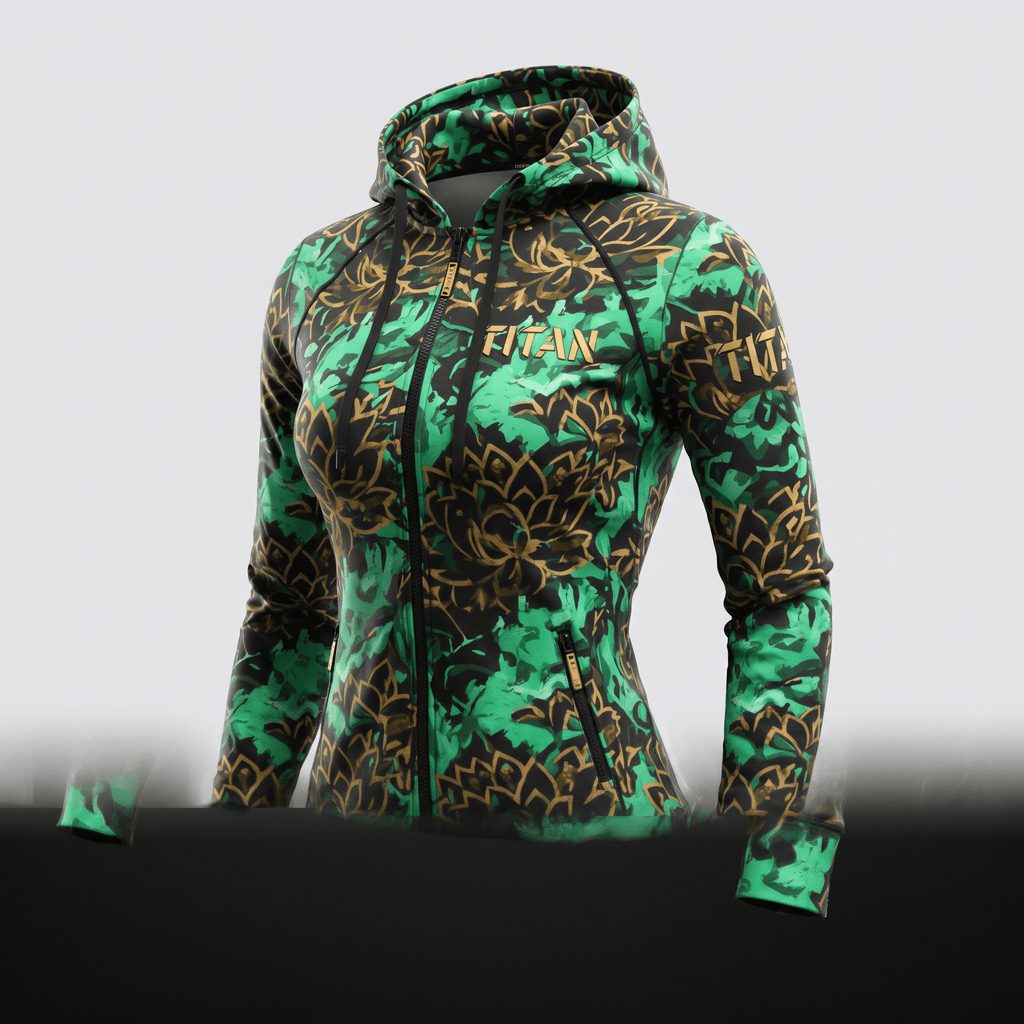 Women's green and black full-zip hoodie with a gold floral pattern and Titan logo on the chest.