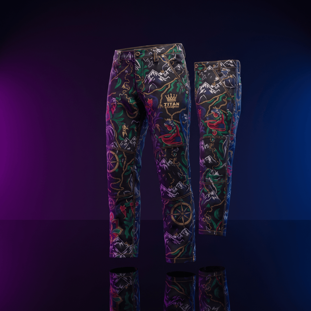 Black pants featuring a colorful mountain and compass map print, gold "TITAN" logo, and contrast stitching.