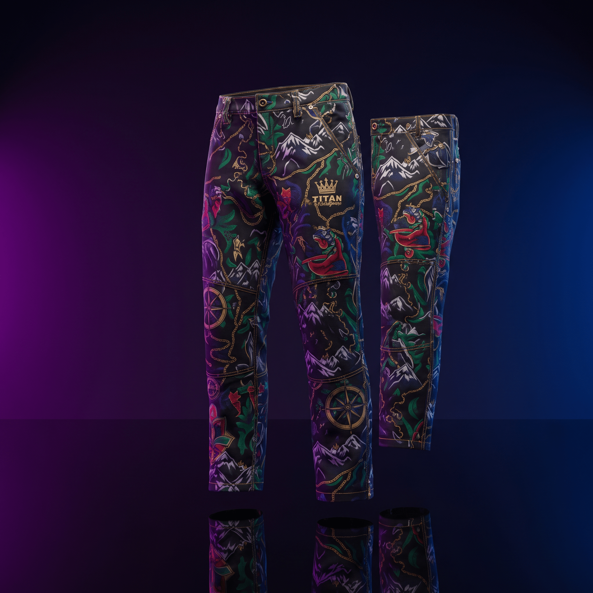 Black pants featuring a colorful mountain and compass map print, gold "TITAN" logo, and contrast stitching.