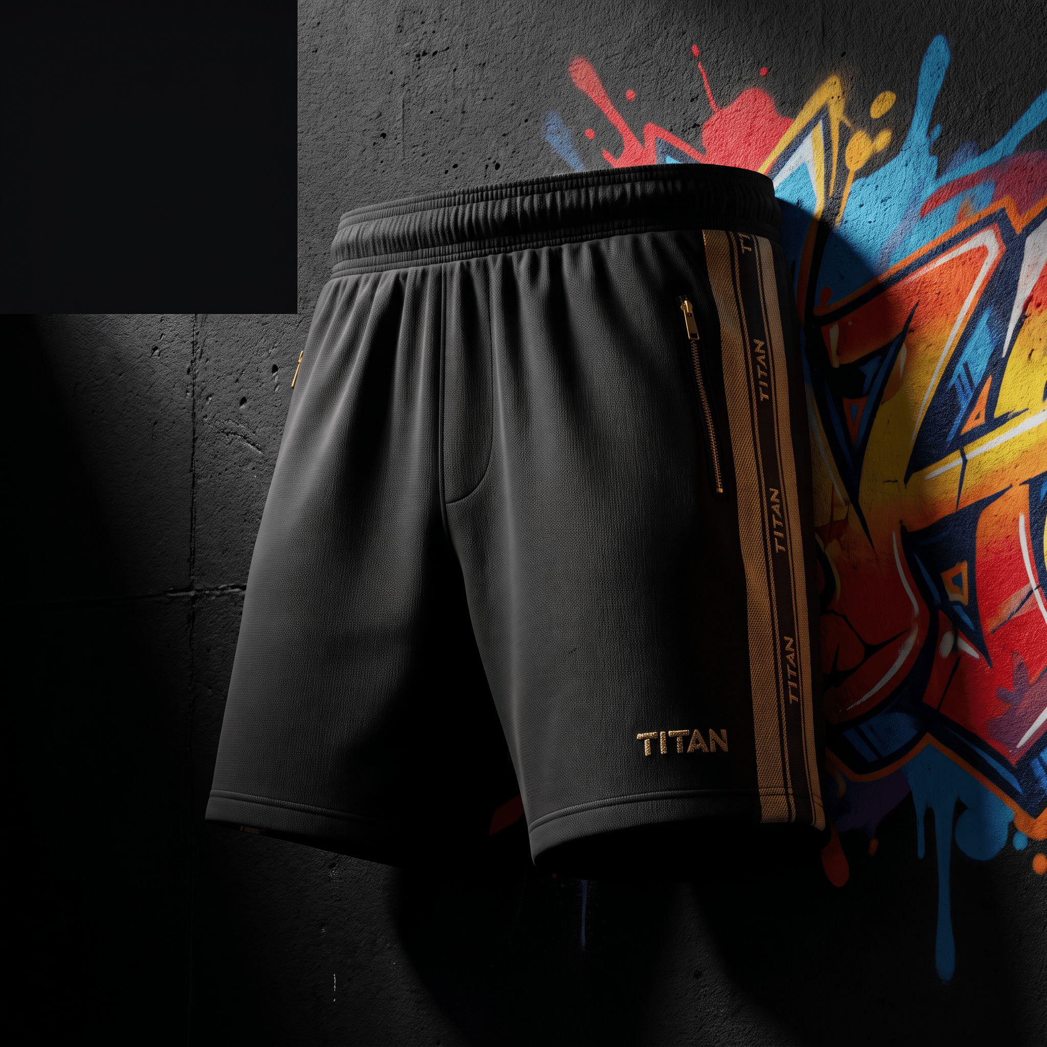 Black athletic shorts with gold side-stripe detailing and "TITAN" branding against a vibrant graffiti wall.