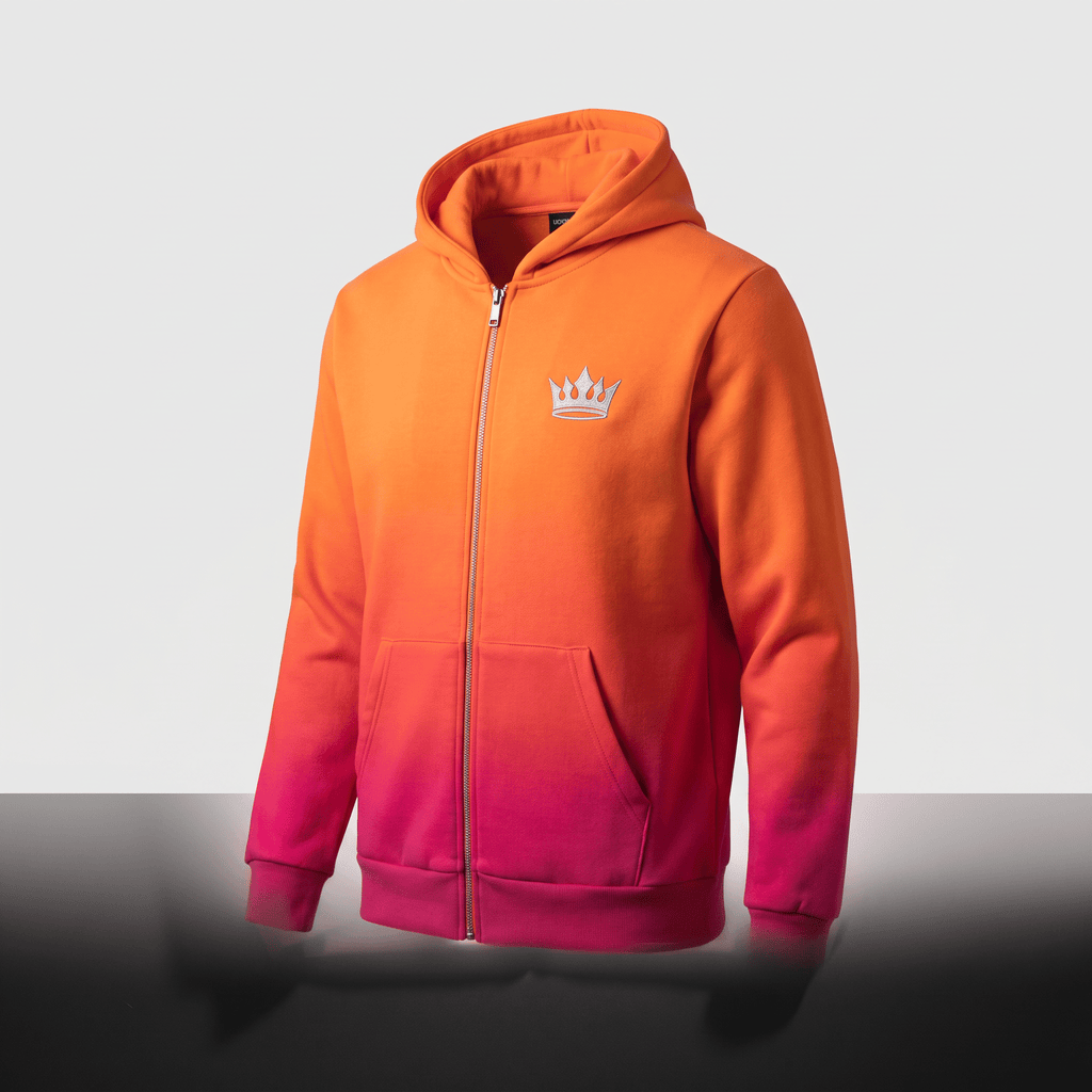 Orange and pink ombre full-zip hoodie with a silver crown logo on the chest and front pockets.