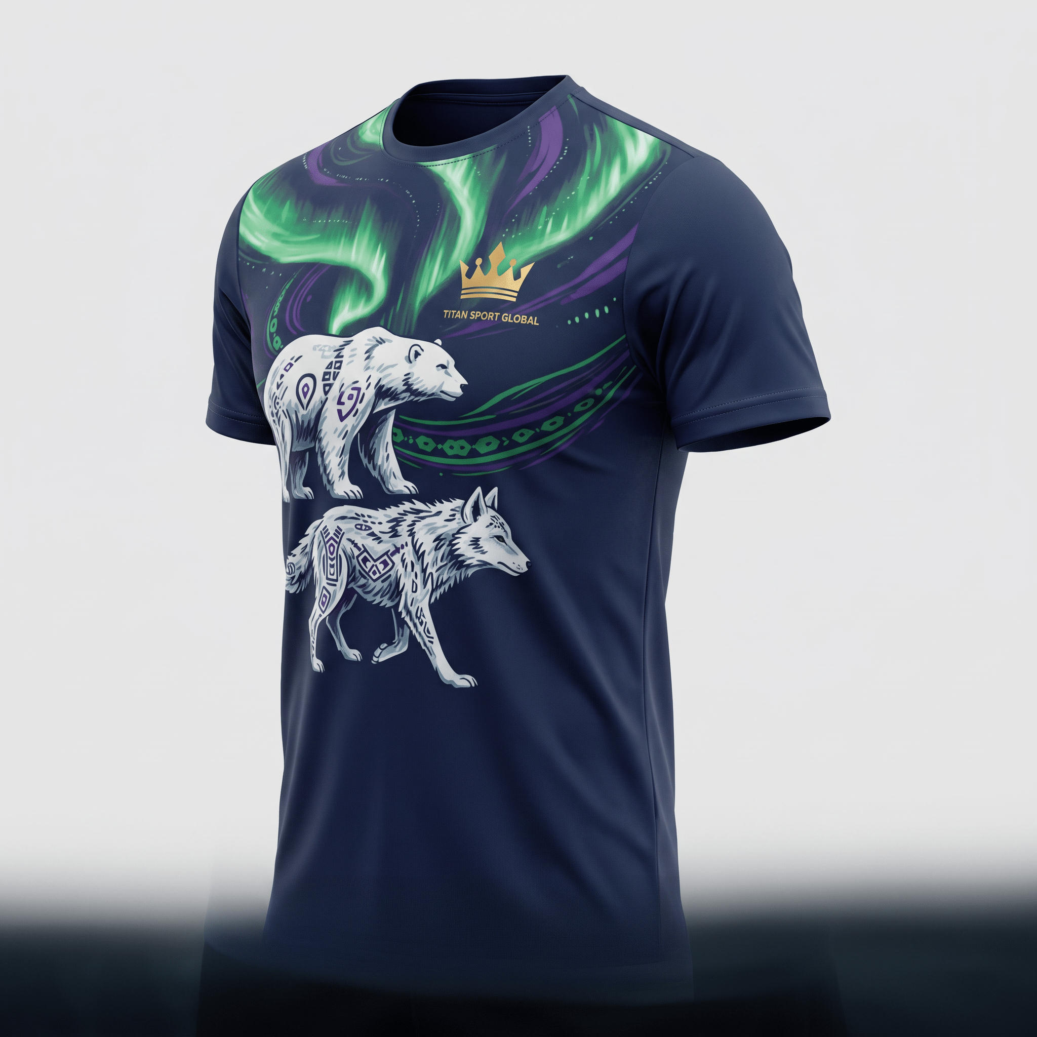 Dark blue athletic t-shirt featuring polar bear and wolf graphics beneath a green northern lights print.