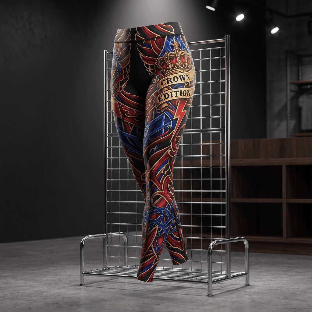 Athletic leggings with red, blue, and black intricate patterns and a "CROWN EDITION" banner, displayed on a metal rack.