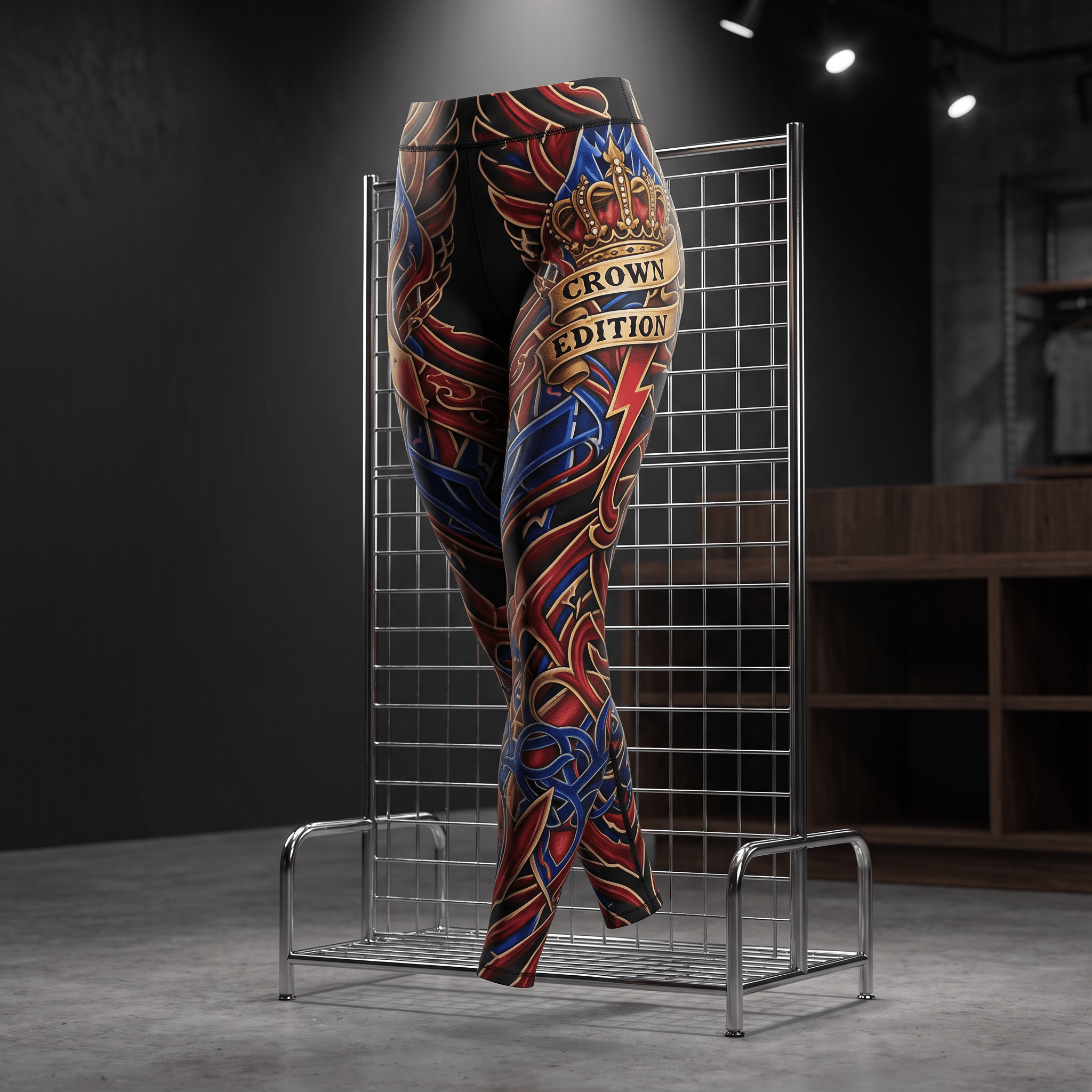 Athletic leggings with red, blue, and black intricate patterns and a "CROWN EDITION" banner, displayed on a metal rack.
