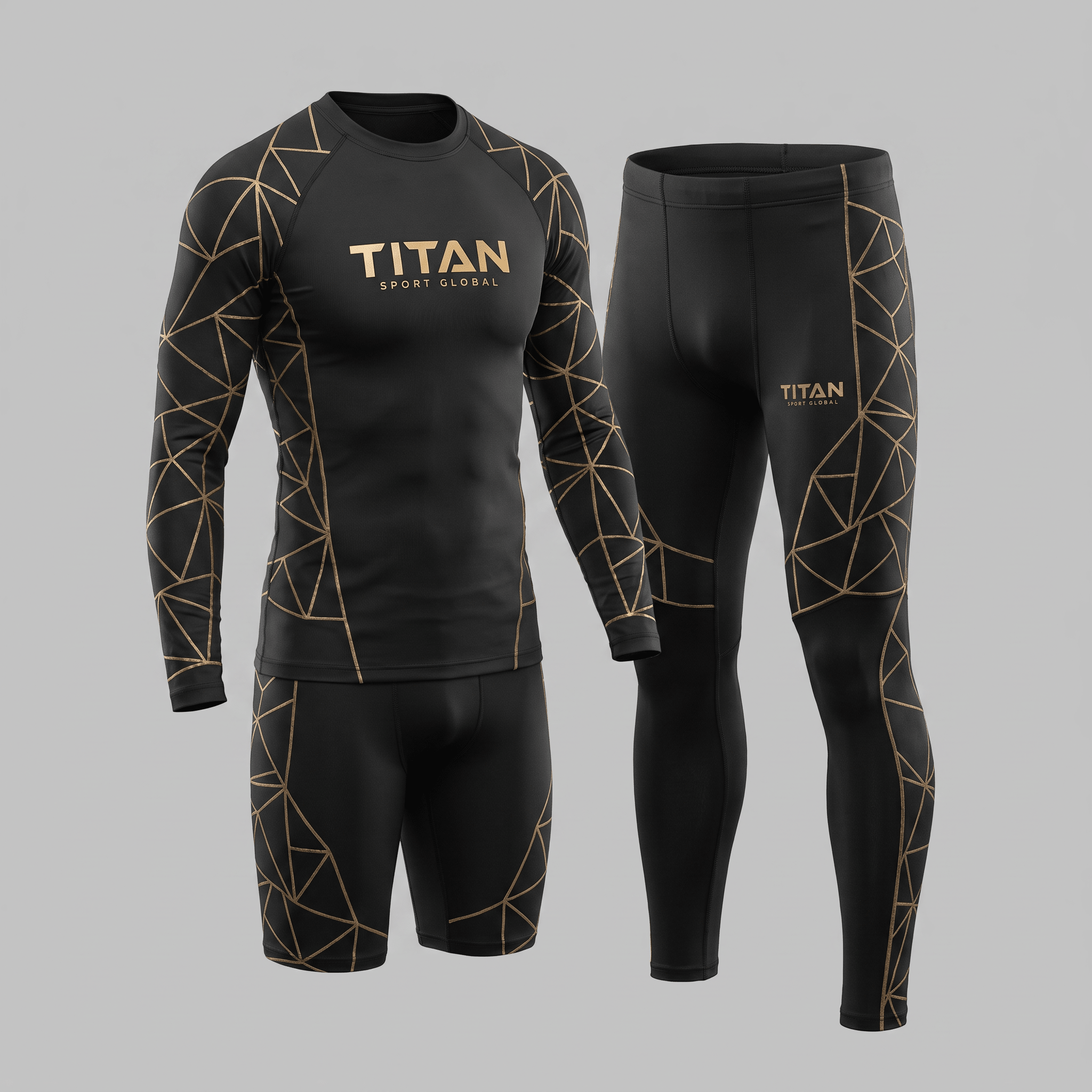 Black and gold Titan Sport Global athletic rash guard and compression tights set.