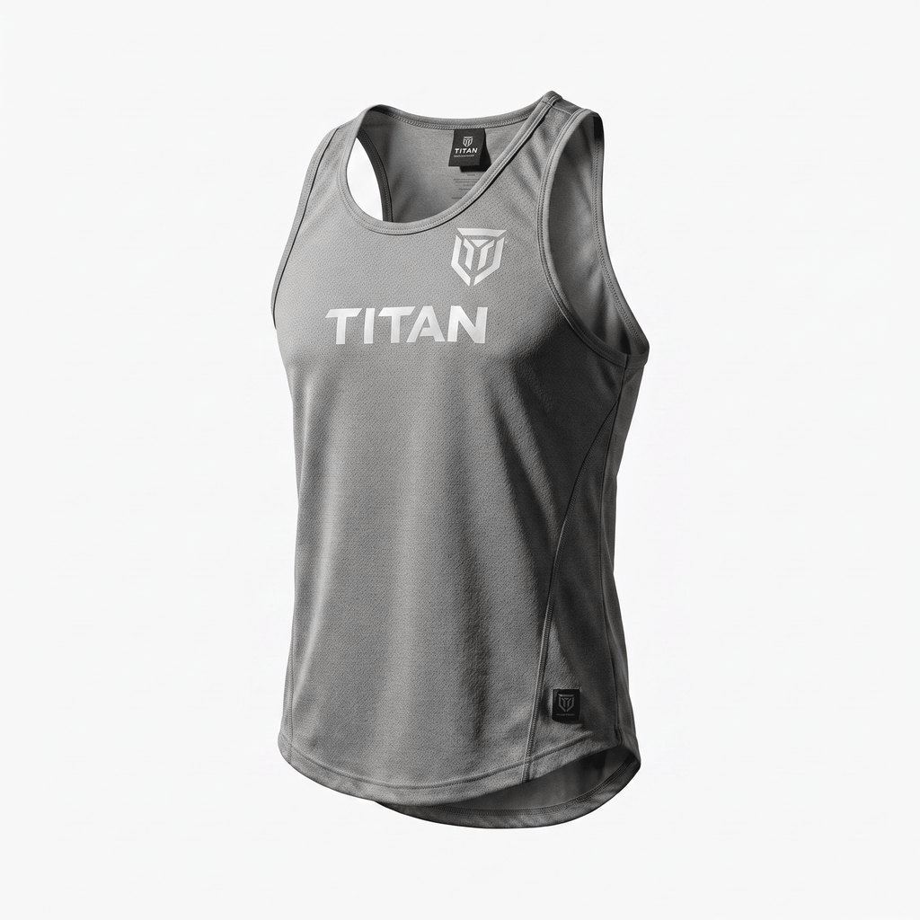 Grey athletic tank top with white Titan logo on chest and racerback style.