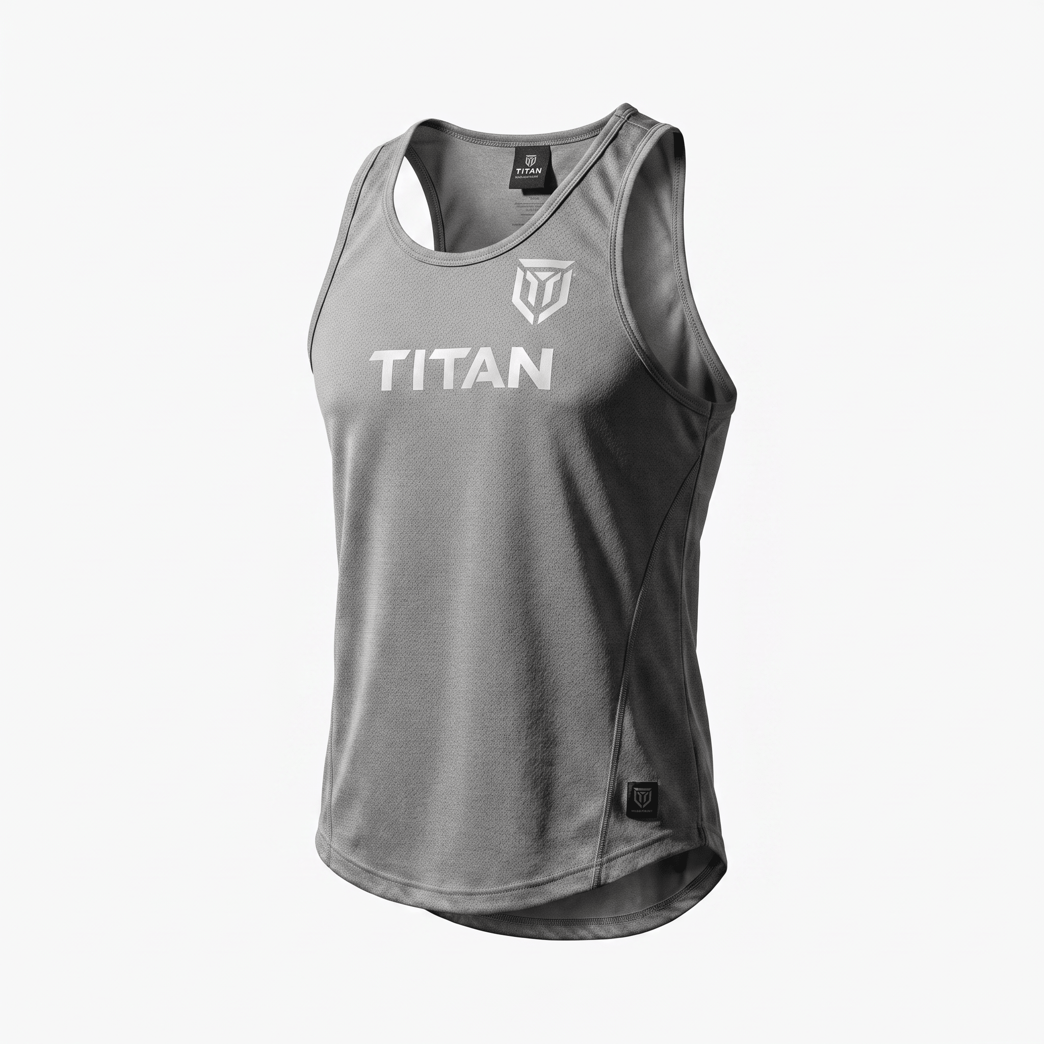 Grey athletic tank top with white Titan branding and logo on the chest.