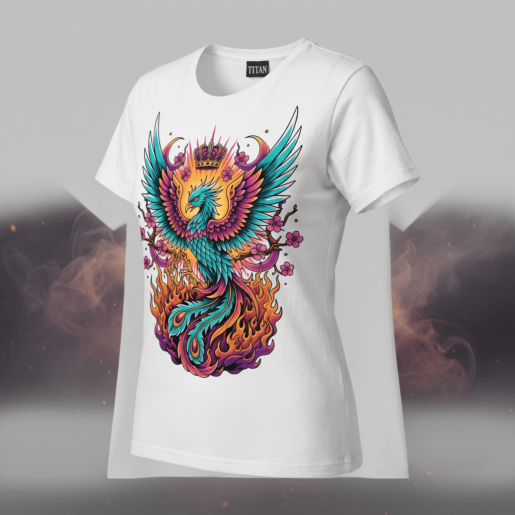 White t-shirt with a colorful phoenix graphic featuring flames, cherry blossoms, and a crown.