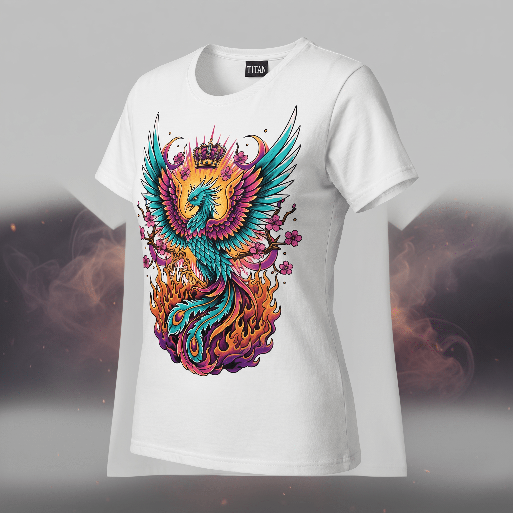 White t-shirt featuring a colorful graphic of a crowned phoenix rising from flames with cherry blossoms.