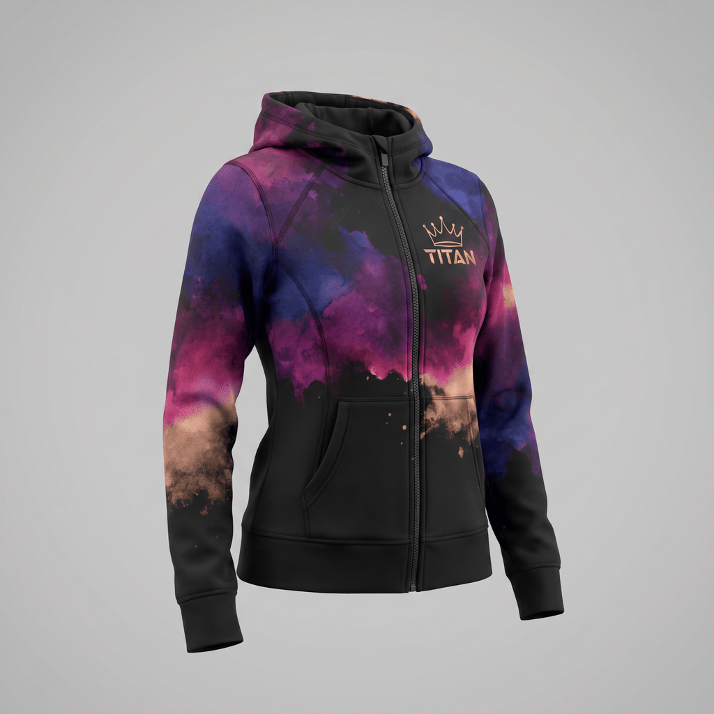Black zip-up hoodie featuring a purple, blue, and gold watercolor print and Titan crown logo on the chest.