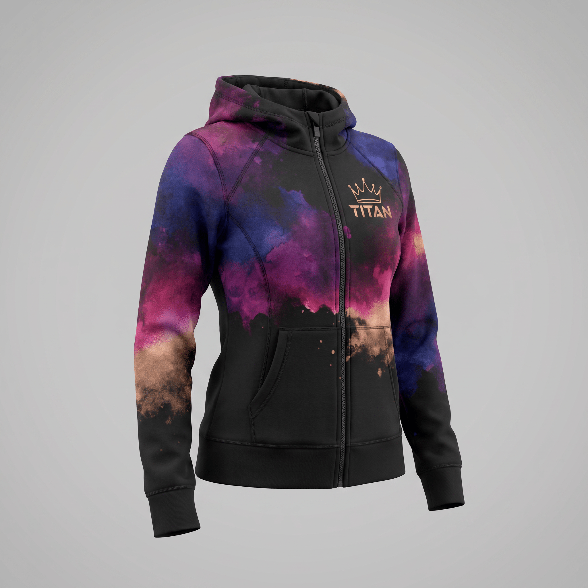 Black zip-up hoodie featuring a purple and pink galaxy watercolor print with Titan crown logo.