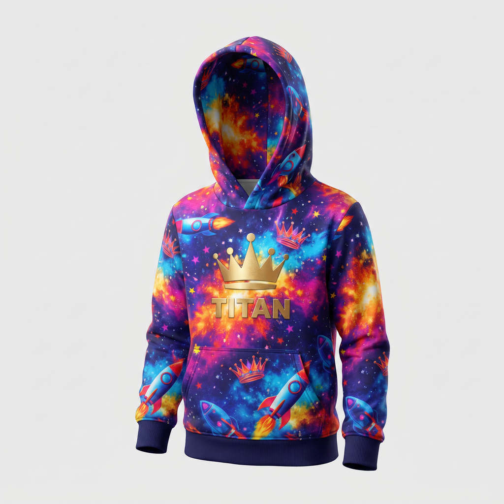 Blue and pink galaxy print hoodie featuring rockets, crowns, and the name Titan in gold on the front.