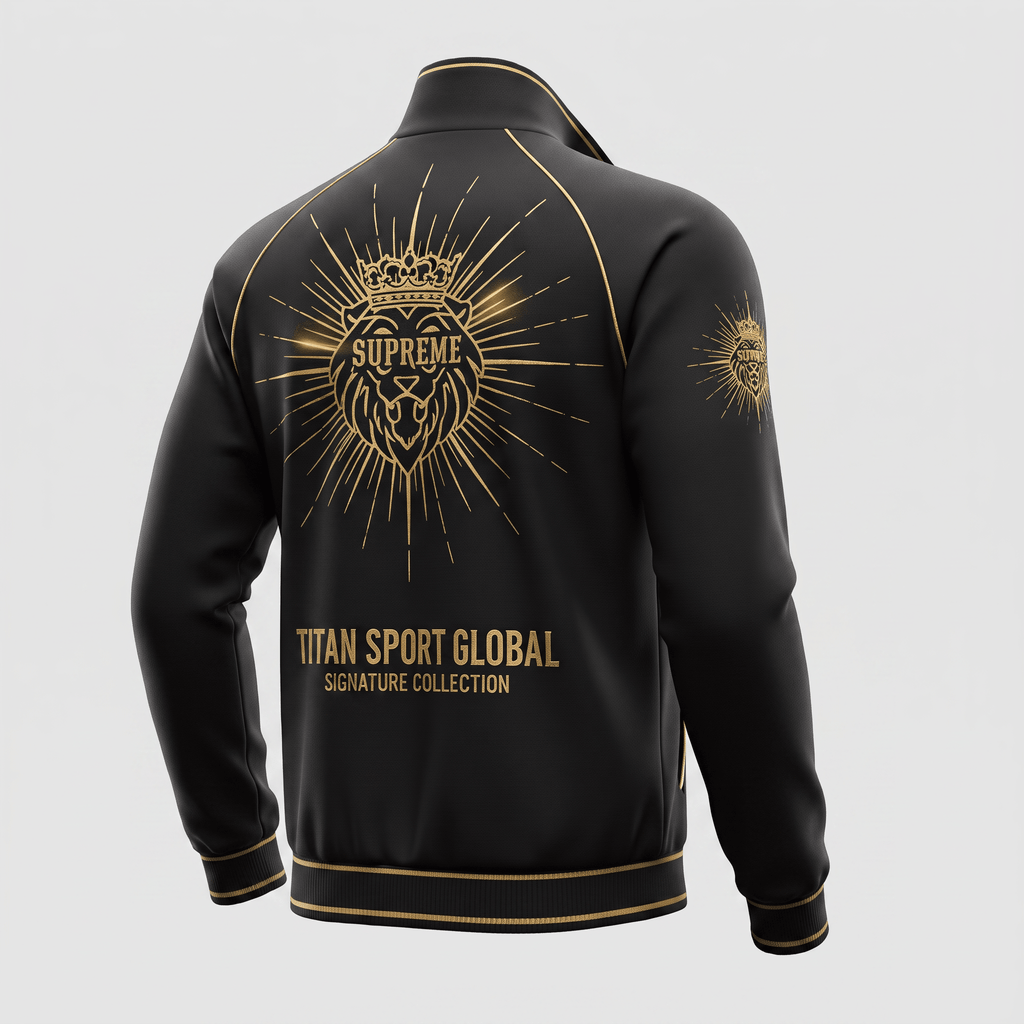 Black and gold track jacket with lion crown graphic and Titan Sport Global branding viewed from back.