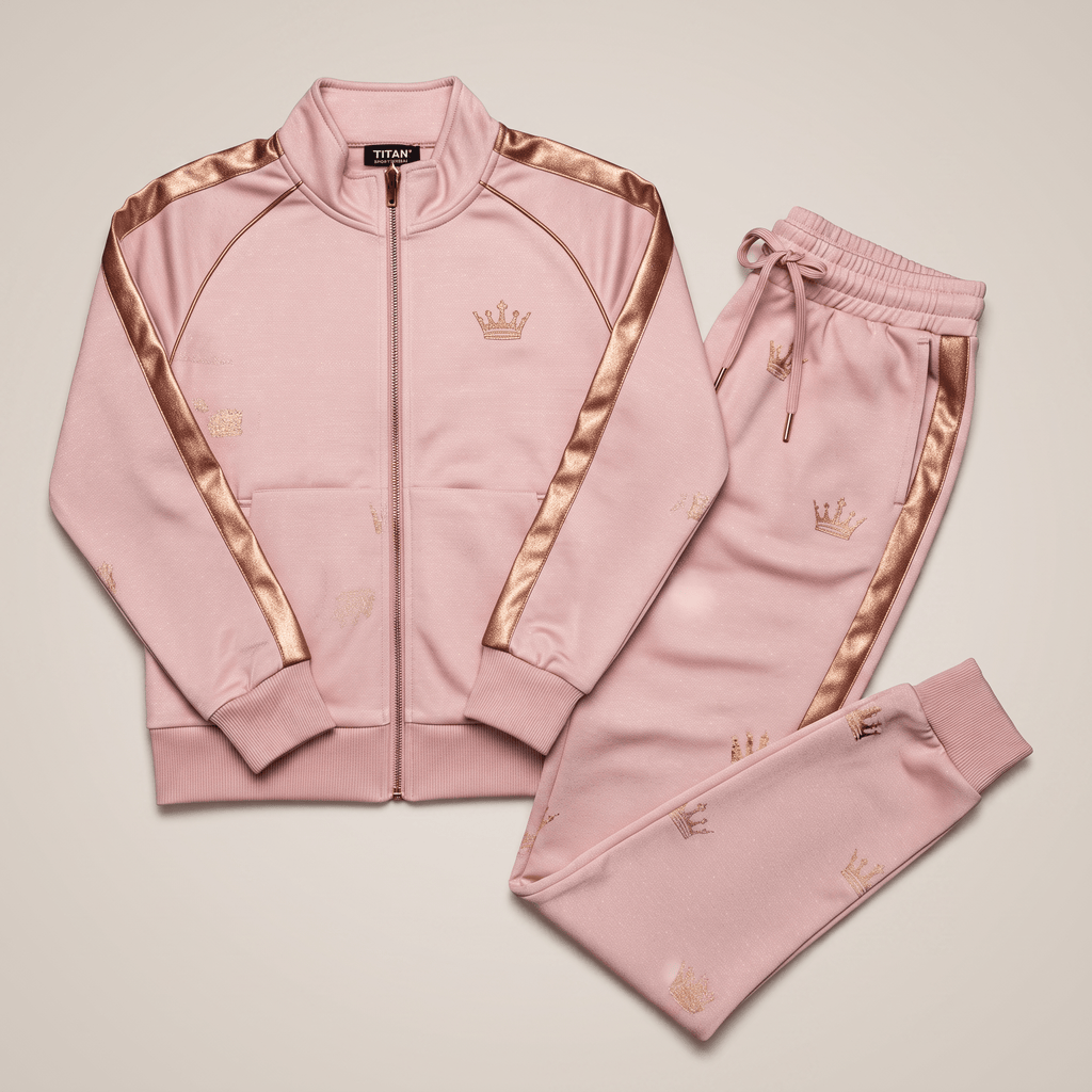 Pink tracksuit with metallic rose gold side stripes and crown embroidery.