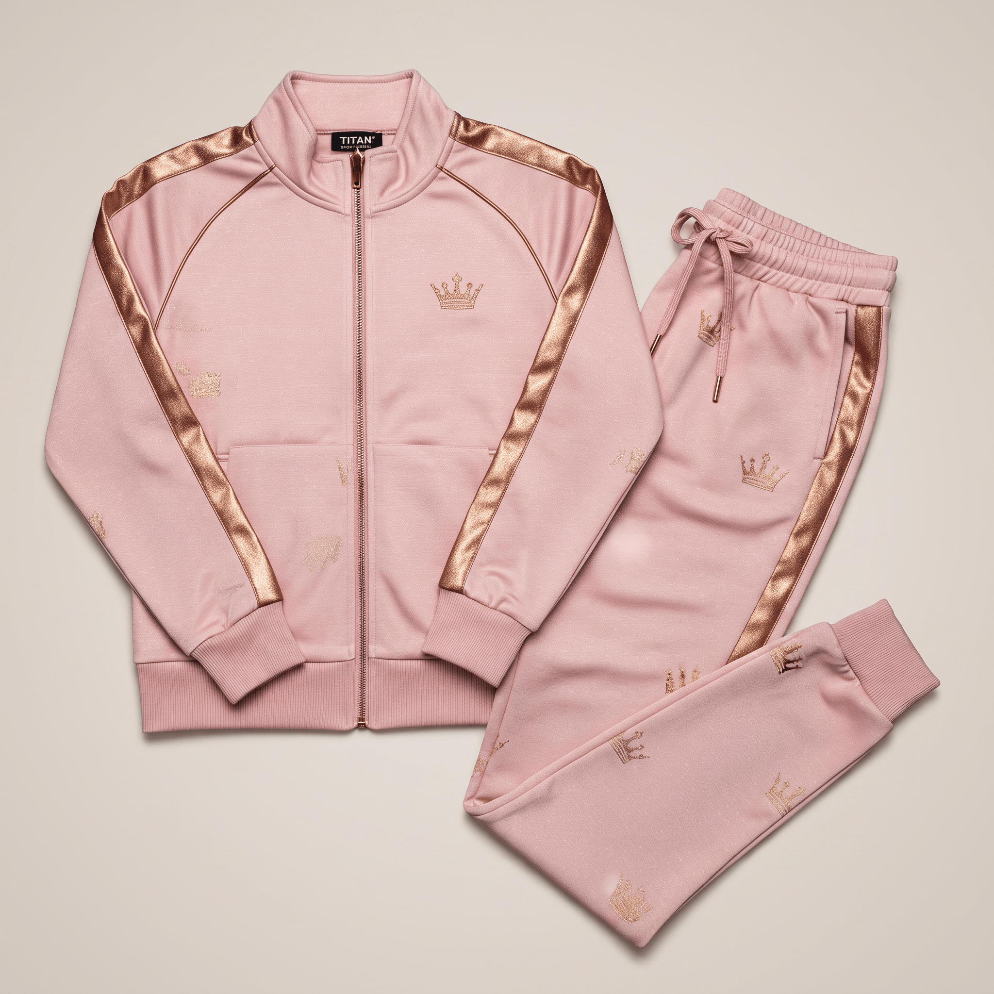 Pink tracksuit with metallic rose gold side stripes and crown embroidery.