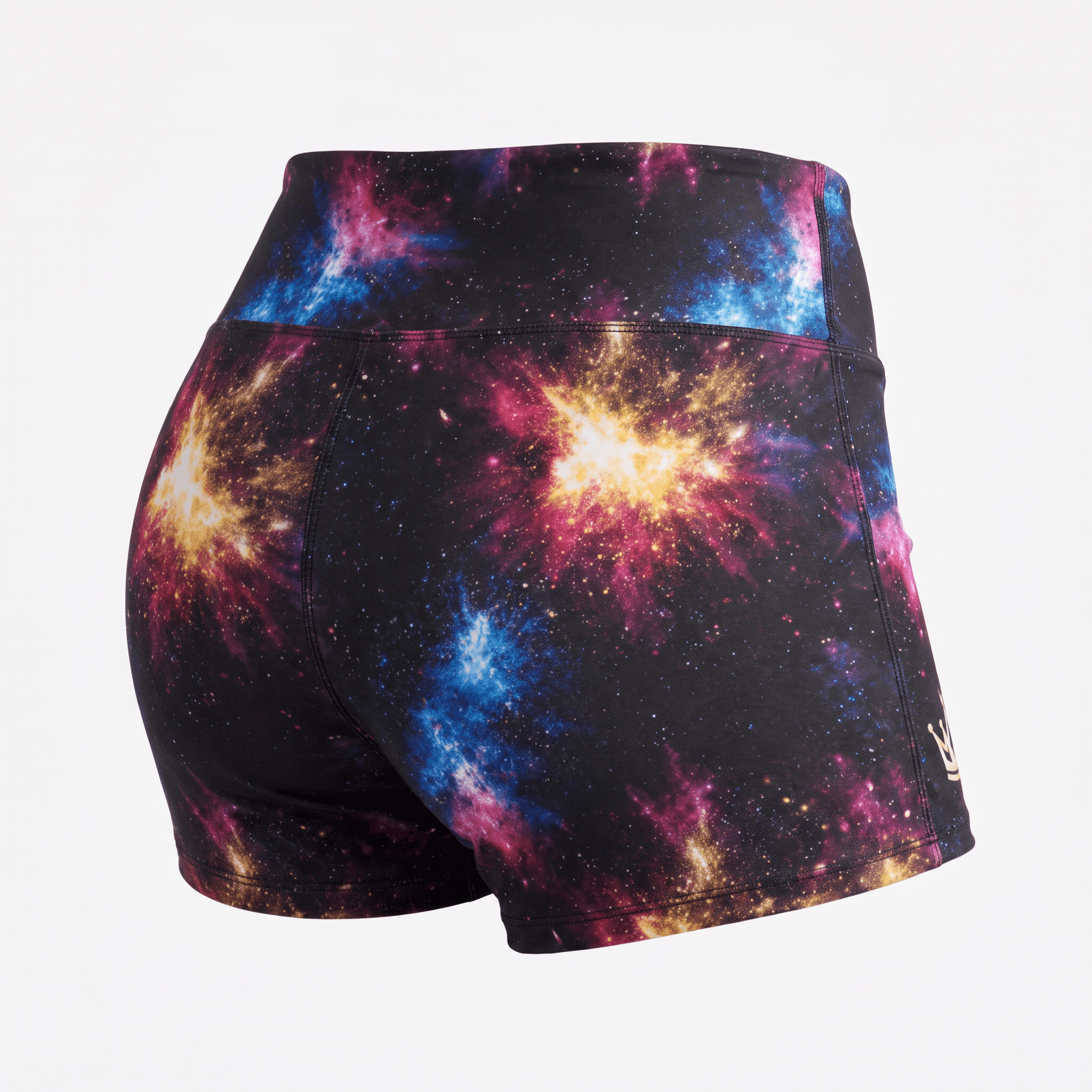 Rear view of athletic shorts featuring a vibrant galaxy print in black, blue, pink, and yellow.