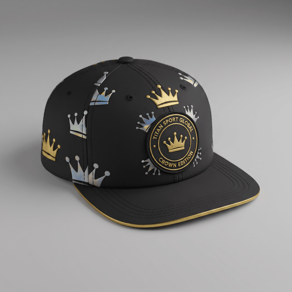Black snapback hat featuring a gold and silver crown print, flat brim with gold trim, and a circular front patch.