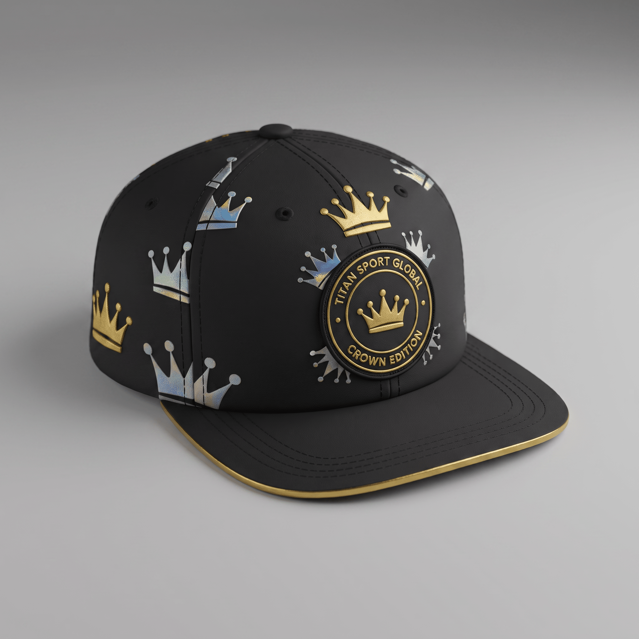 Black snapback hat featuring a gold and silver crown print, flat brim with gold trim, and a circular front patch.