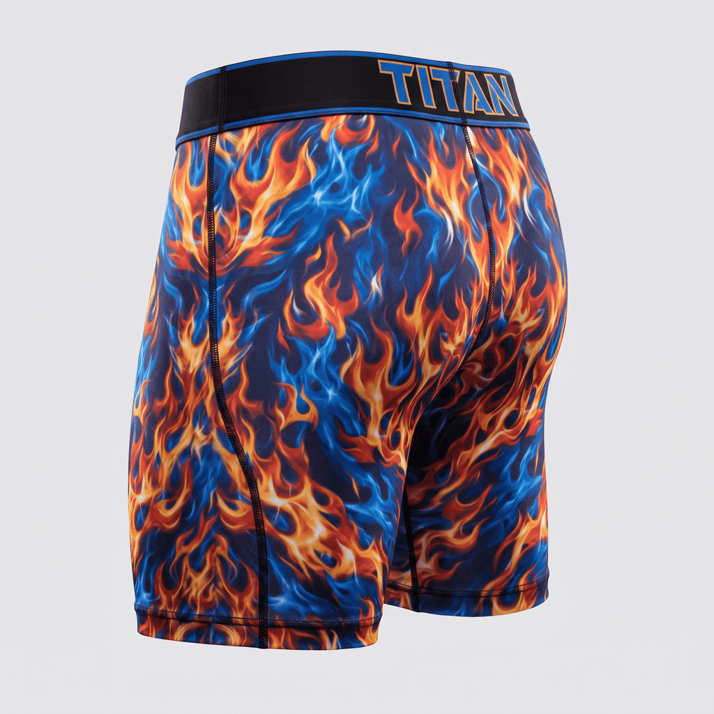 Rear view of Titan boxer briefs with blue and orange flame print and black waistband.